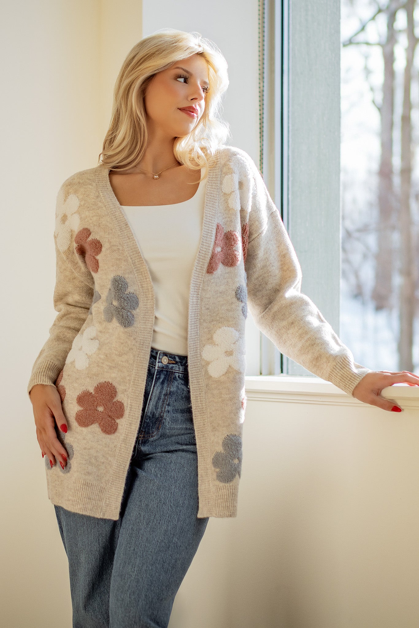 Long-Sleeve Open Cardigan with Puff Flowers