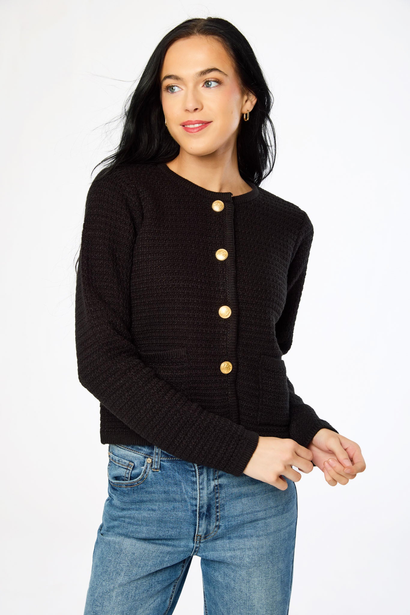 Ribbed Crew-Neck Cardigan with Gold Buttons