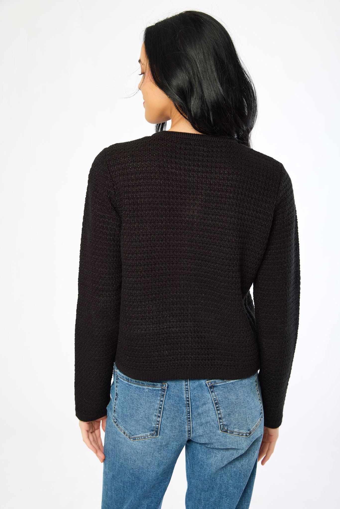 Ribbed Crew-Neck Cardigan with Gold Buttons