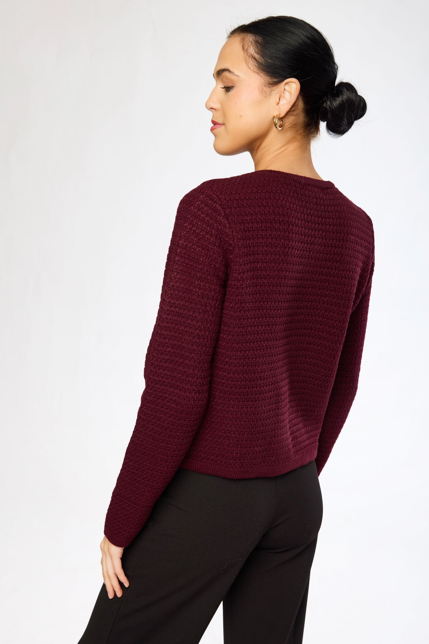 Ribbed Crew-Neck Cardigan with Gold Buttons