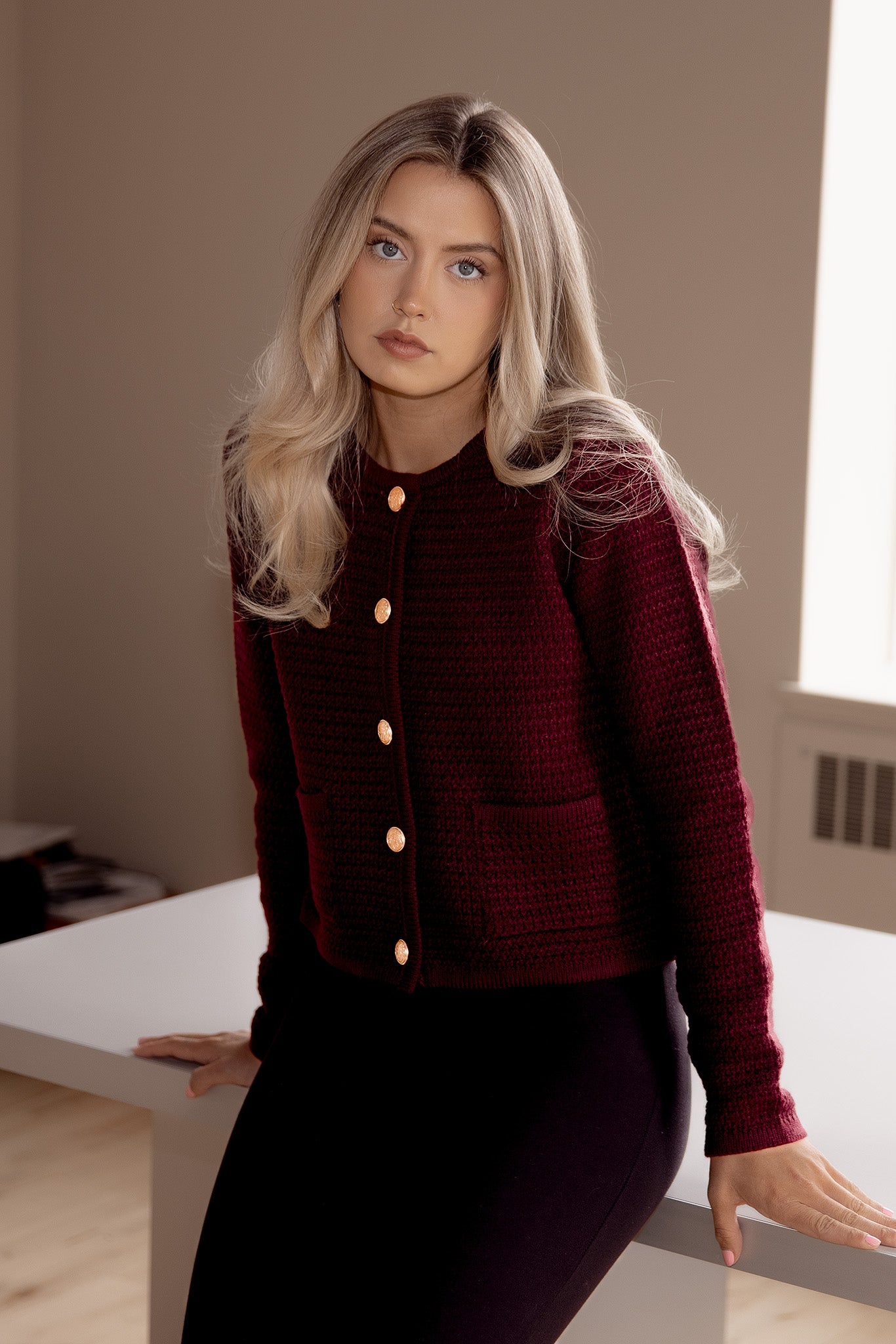 Ribbed Crew-Neck Cardigan with Gold Buttons