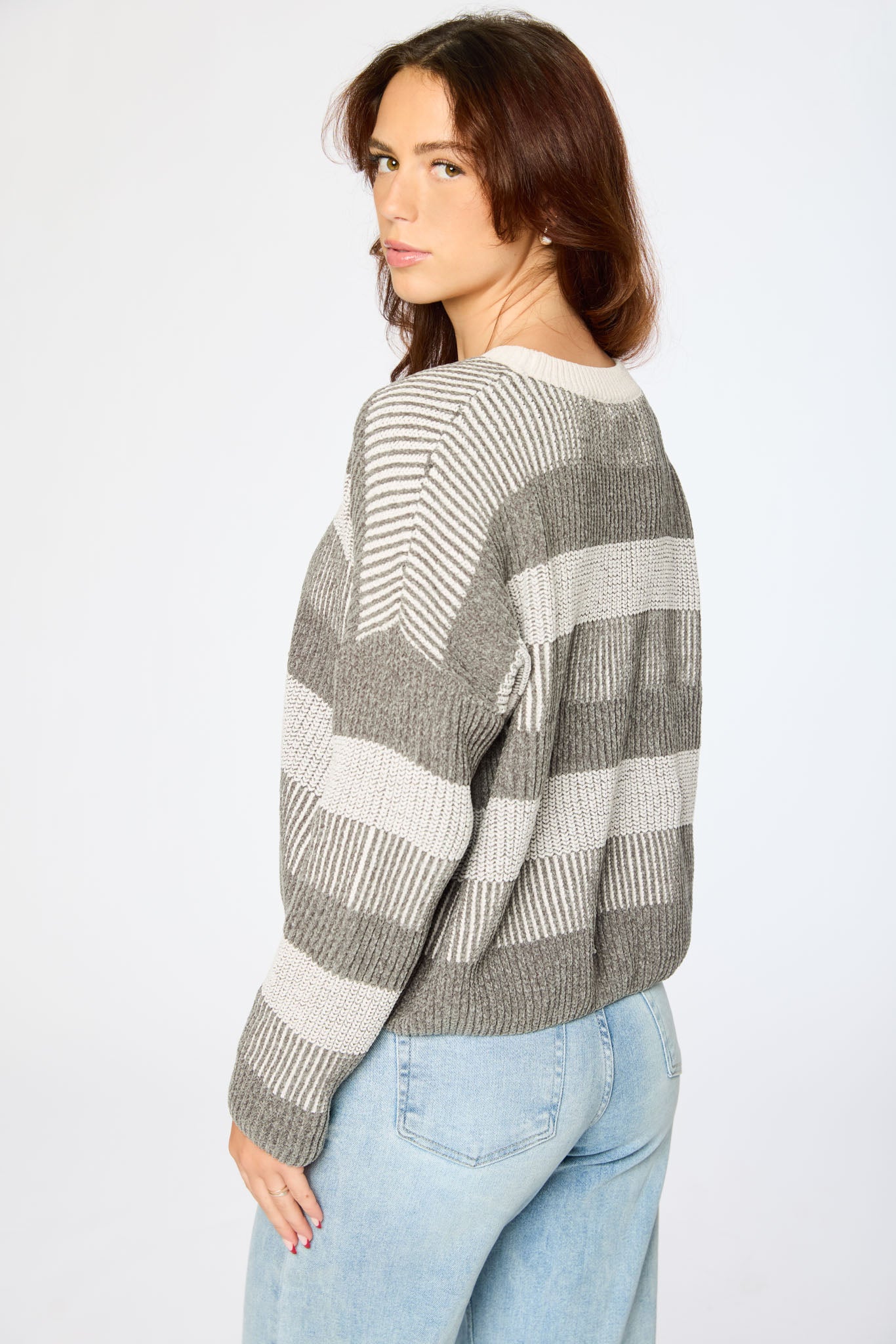 Stripe Chenille Crew-Neck Long Sleeve Sweater