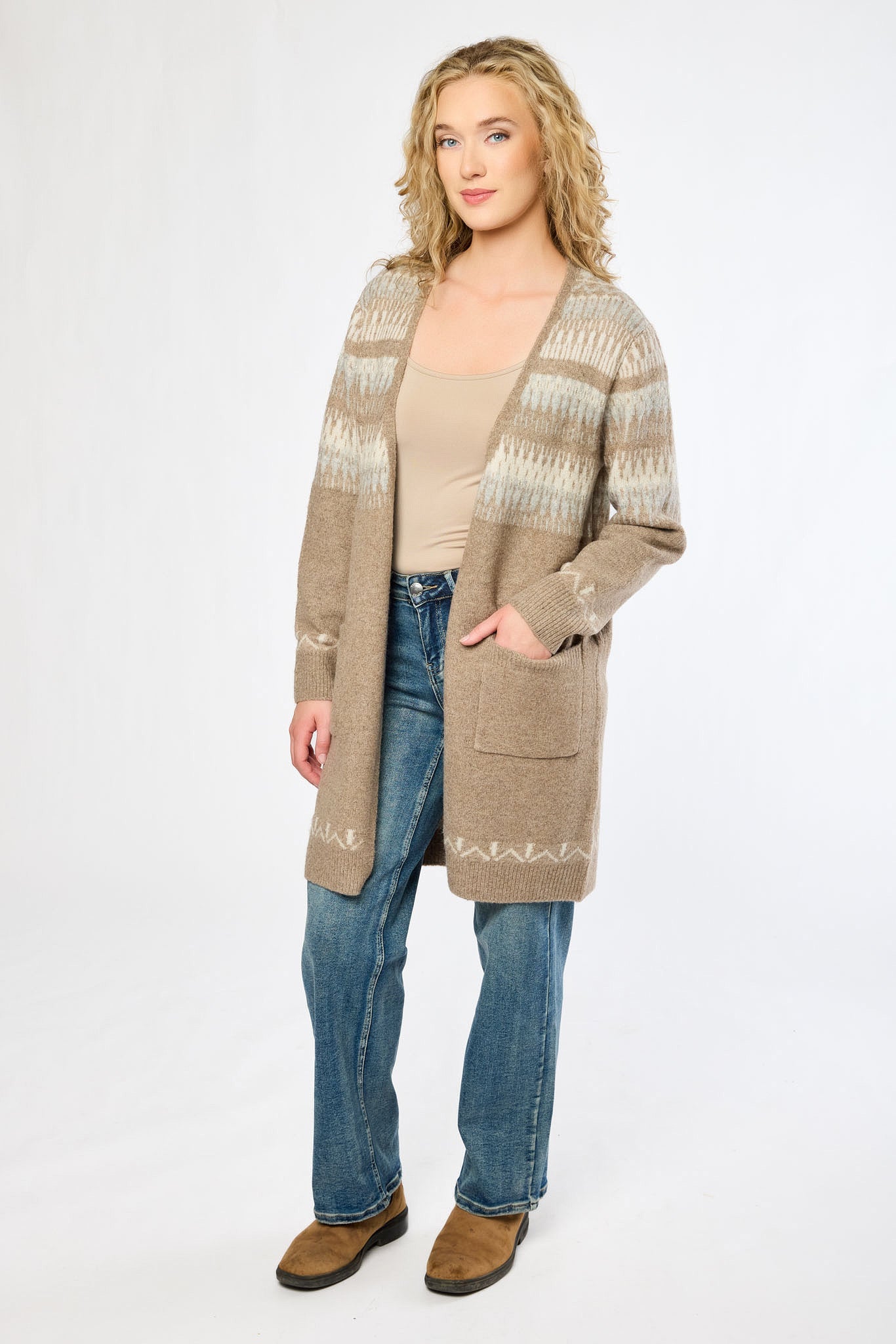 Fair Isle Long Cardigan with Pockets