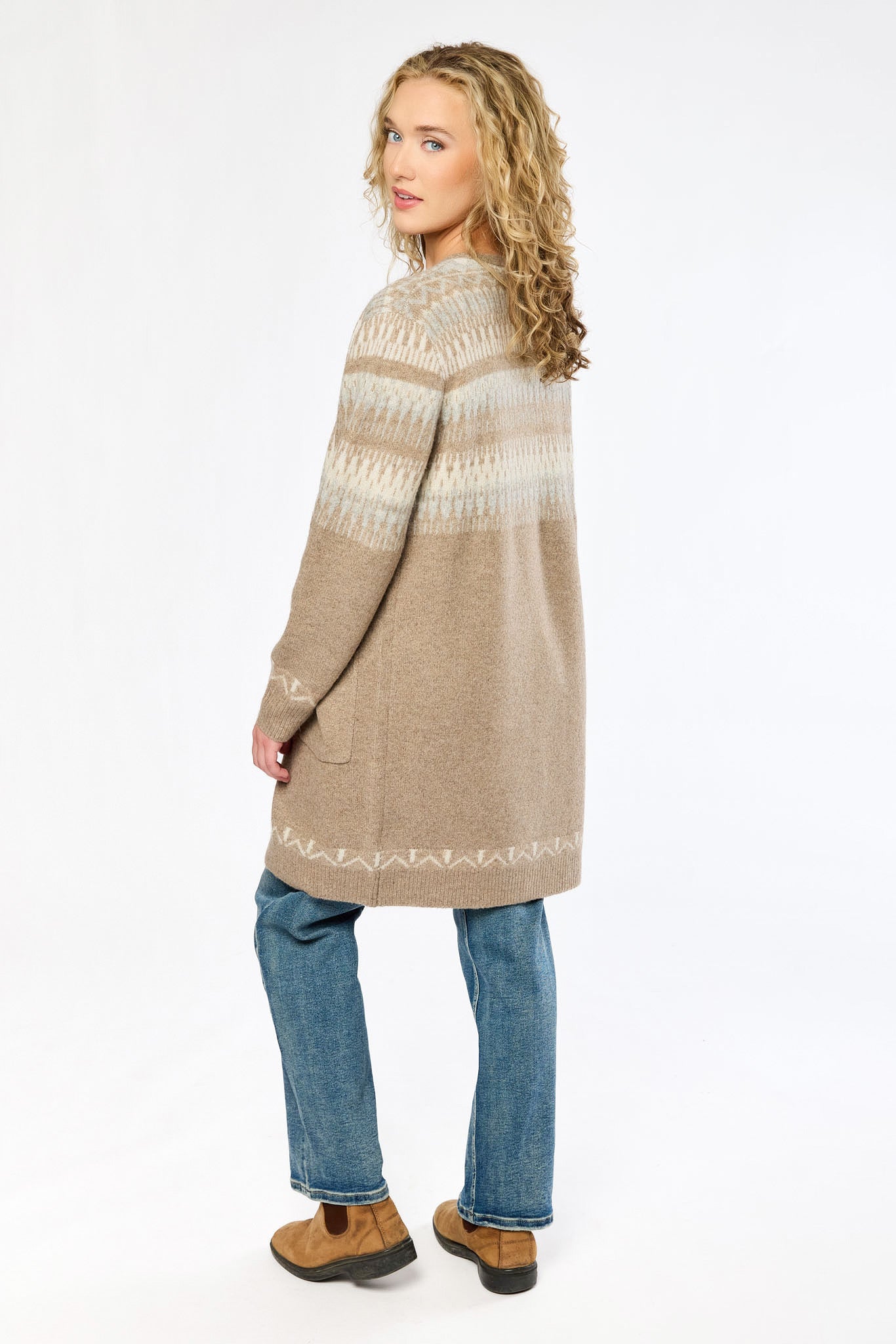 Fair Isle Long Cardigan with Pockets