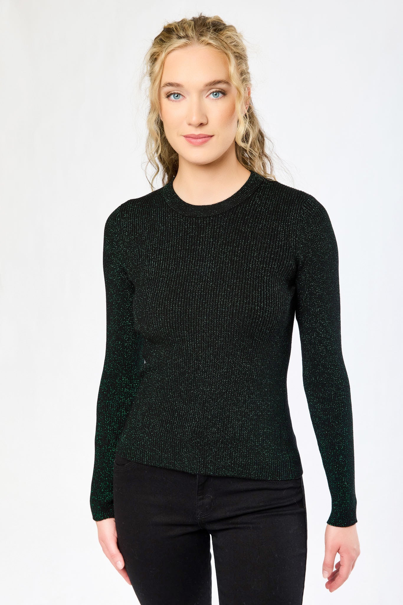 Metallic Ribbed Long-Sleeve Crew-Neck Top