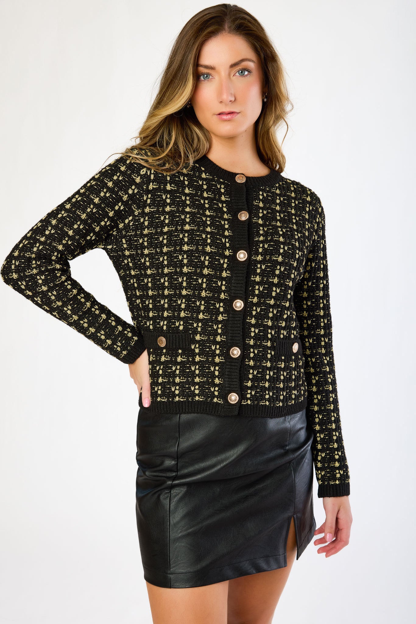 Crew-Neck Long-Sleeve Metallic Textured Cardigan with Gold Buttons