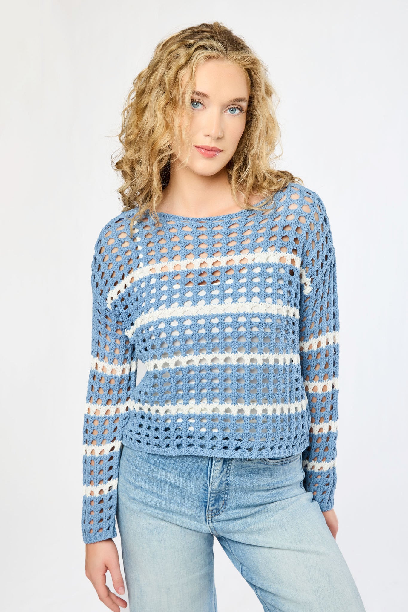Openwork Stripe Long-Sleeve Sweater