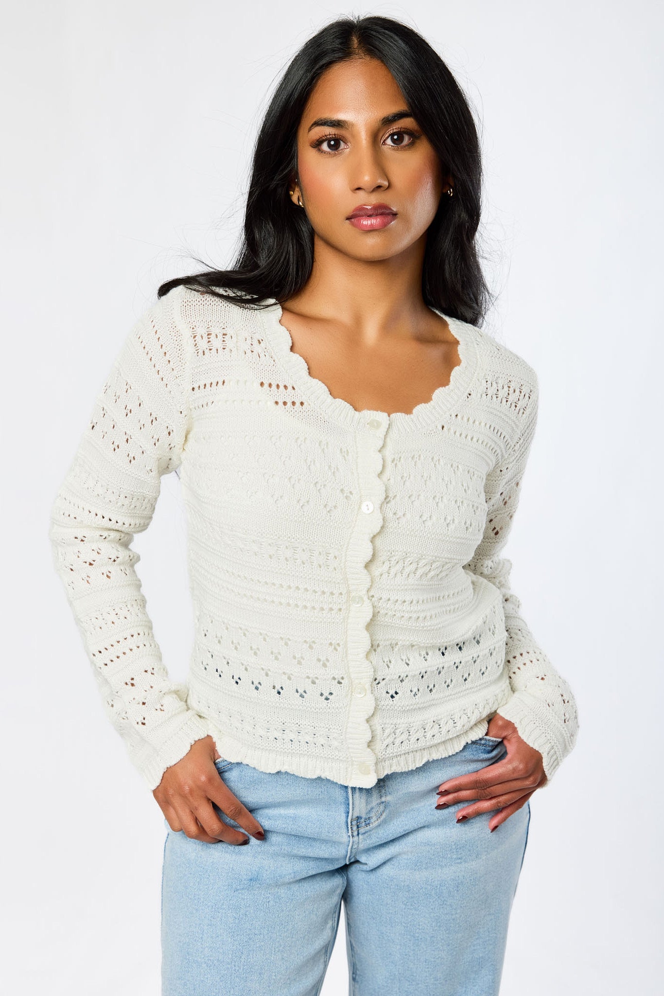 Pointelle Button-Front Cardigan with Scallop Neckline
