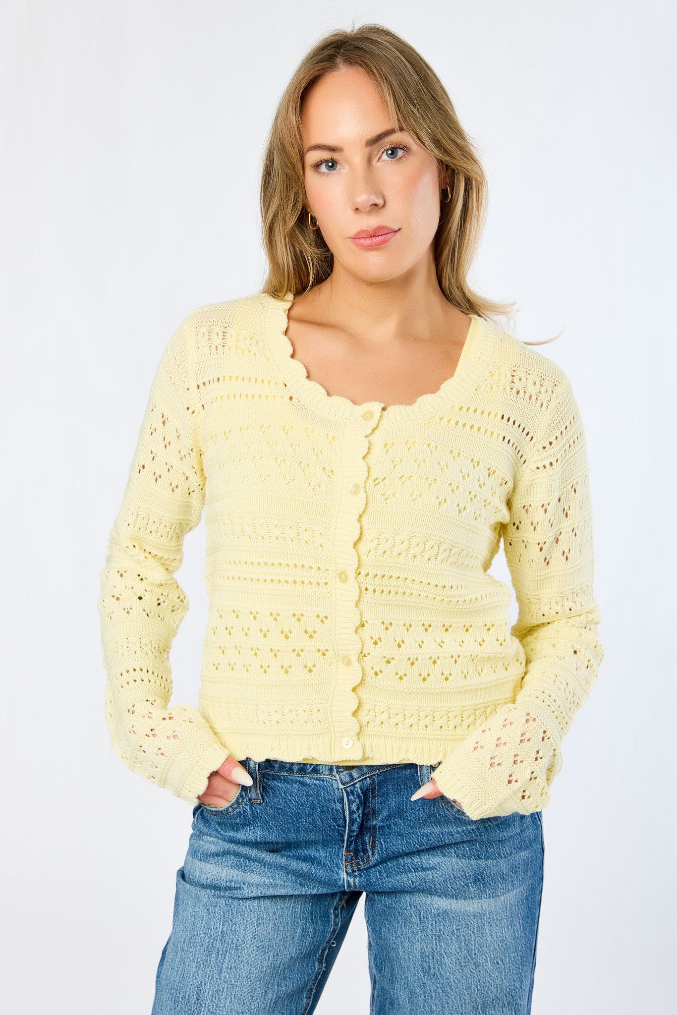 Pointelle Button-Front Cardigan with Scallop Neckline