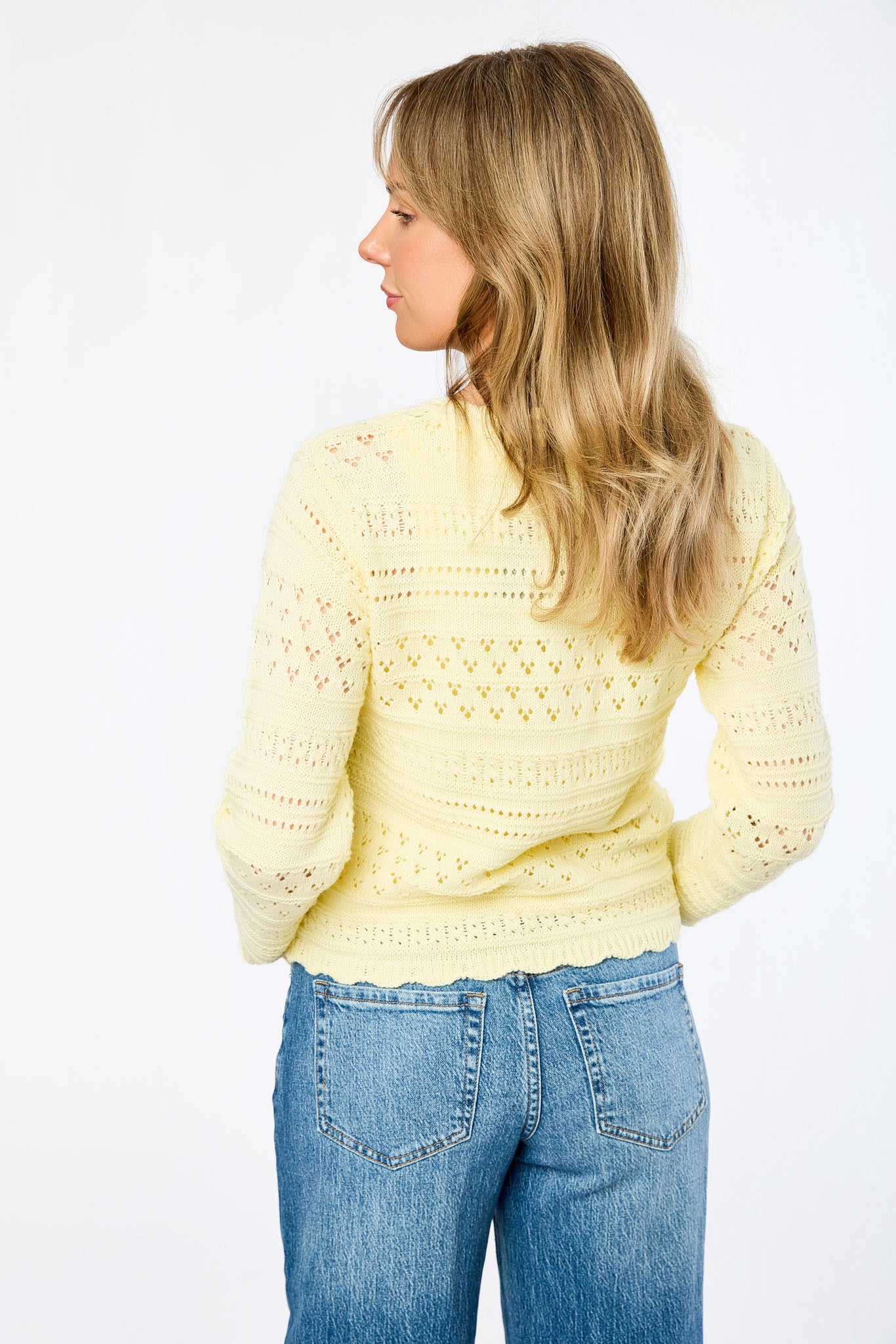 Pointelle Button-Front Cardigan with Scallop Neckline