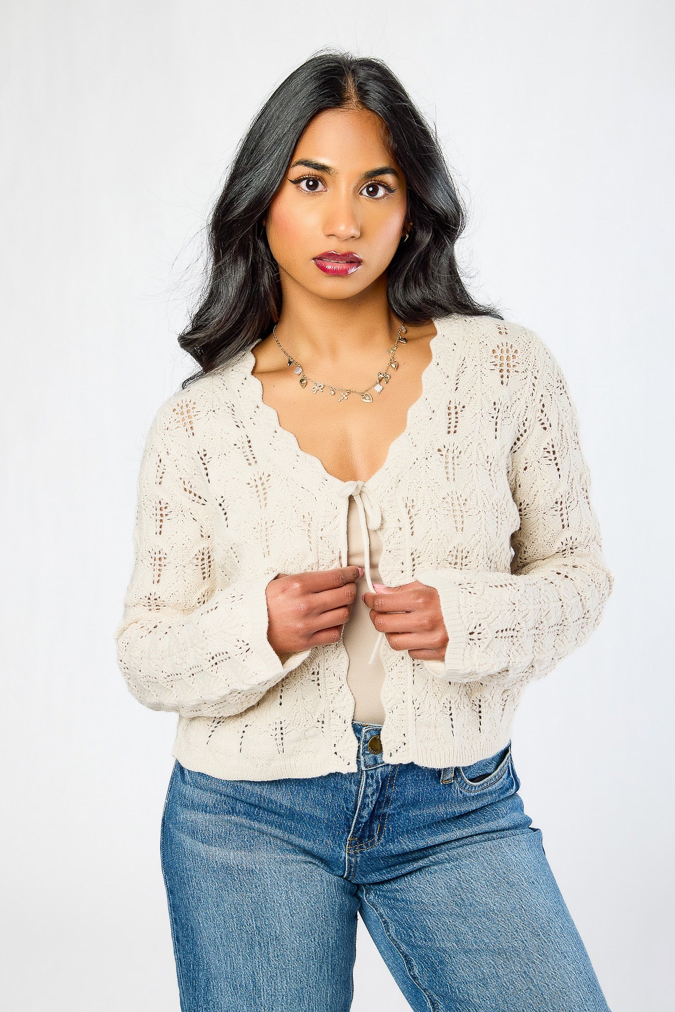 Pointelle Bell Sleeve Tie-Front Cardigan