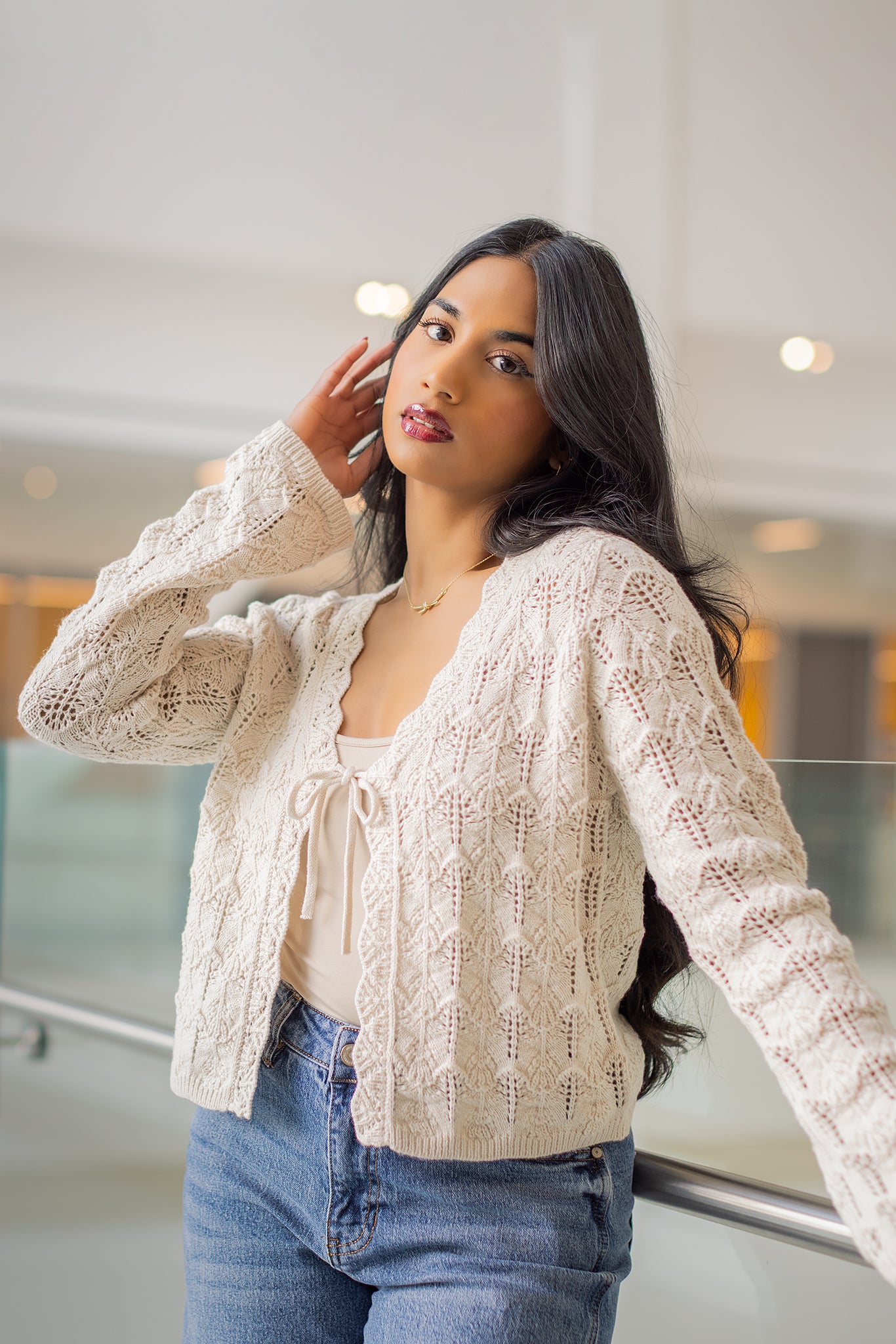 Pointelle Bell Sleeve Tie-Front Cardigan
