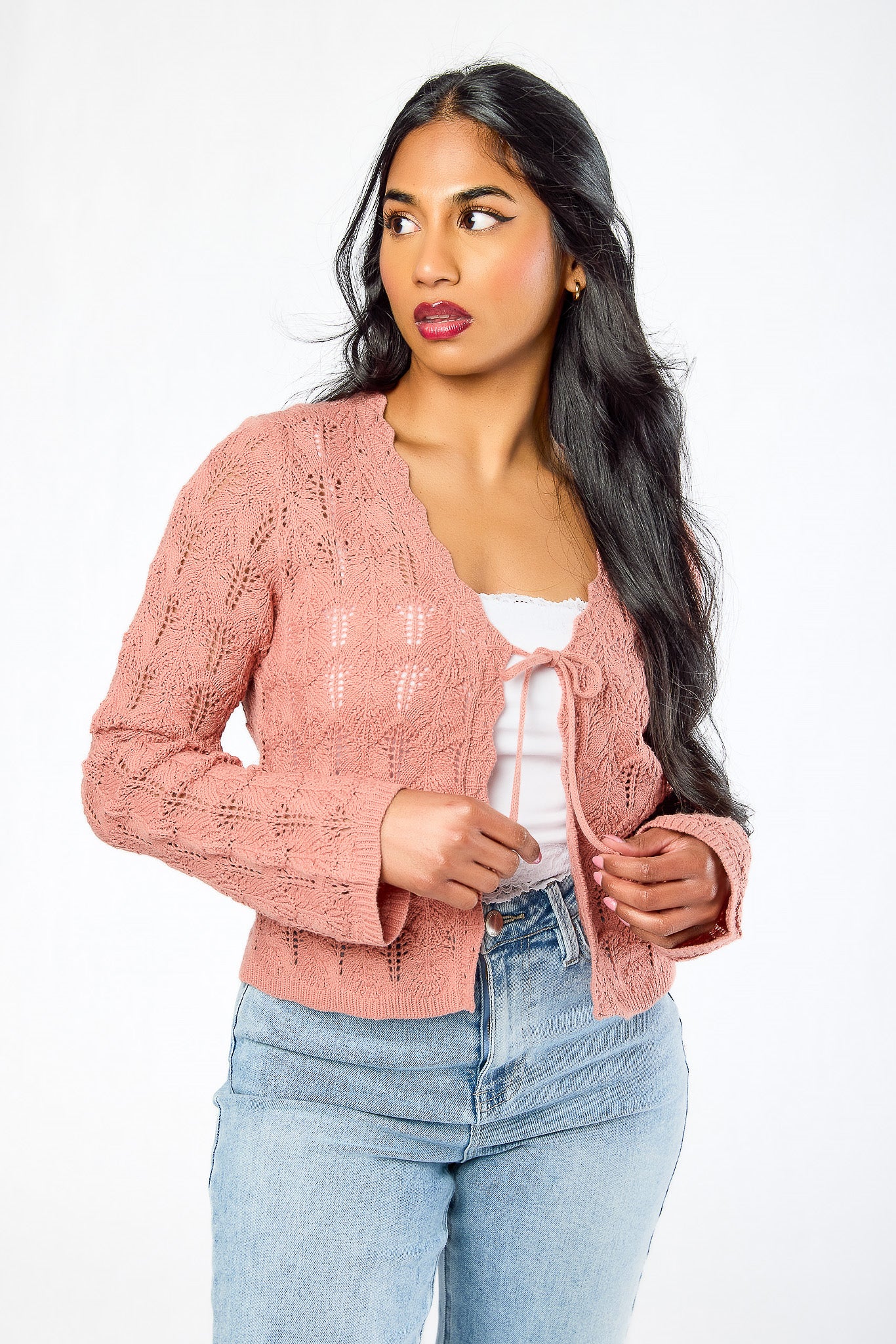 Pointelle Bell Sleeve Tie-Front Cardigan