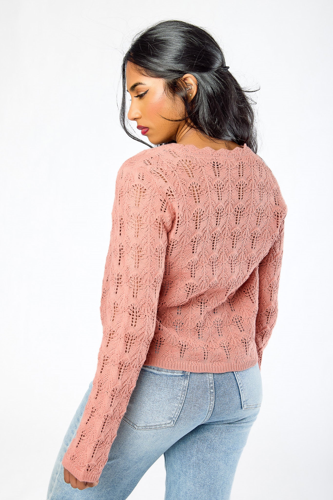 Pointelle Bell Sleeve Tie-Front Cardigan