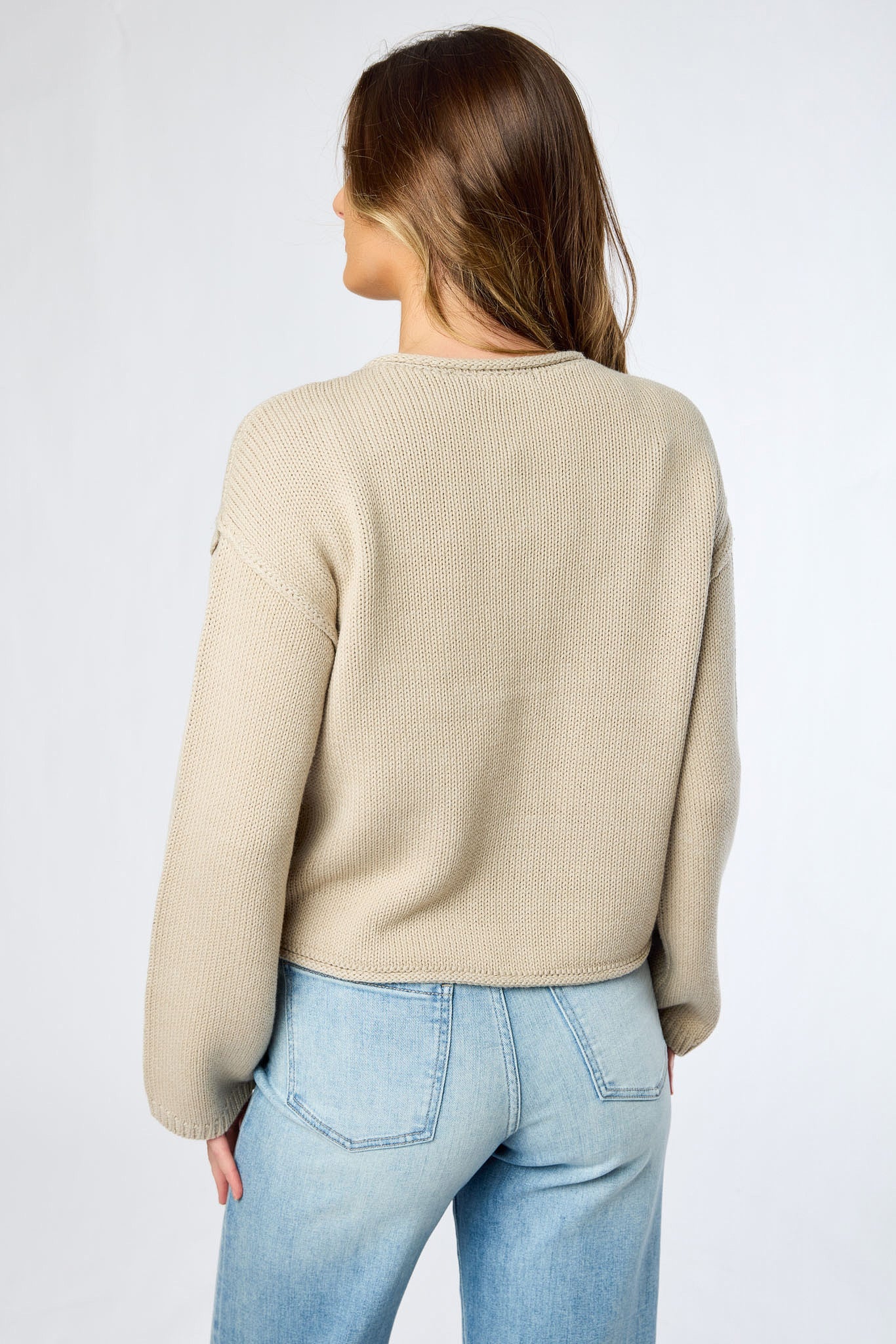 Roll-Edge Buttoned Long-Sleeve Cardigan
