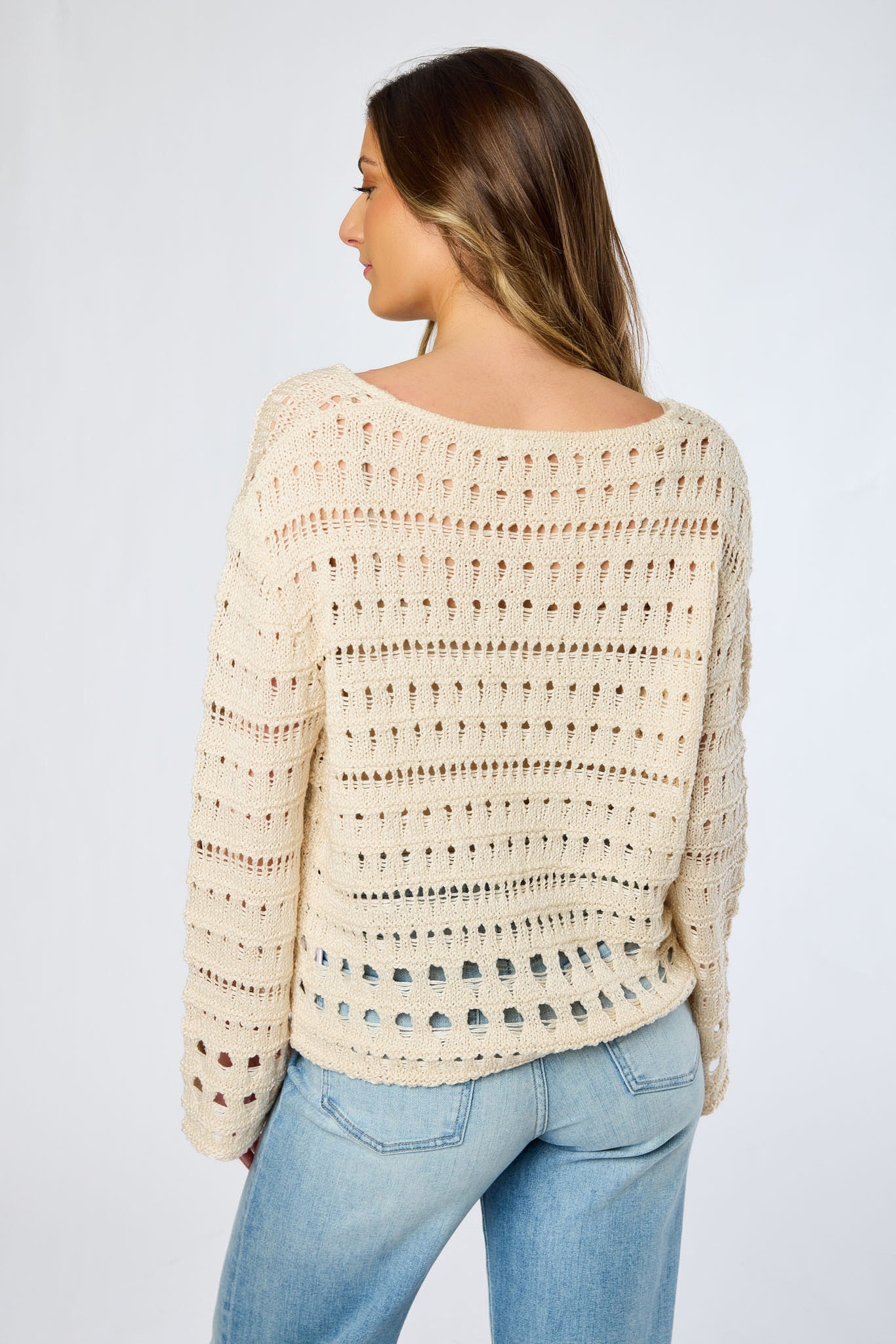 Openwork V-Neck Sweater with Bell Sleeves