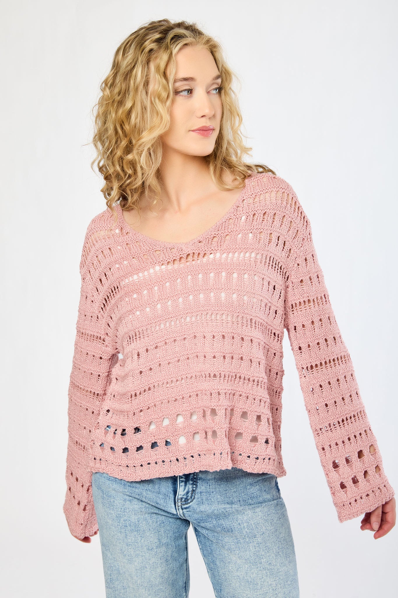 Openwork V-Neck Sweater with Bell Sleeves