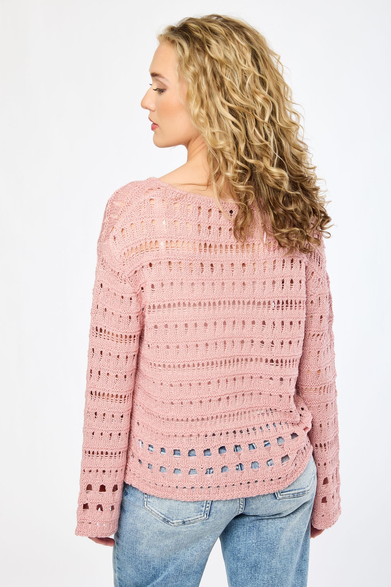 Openwork V-Neck Sweater with Bell Sleeves