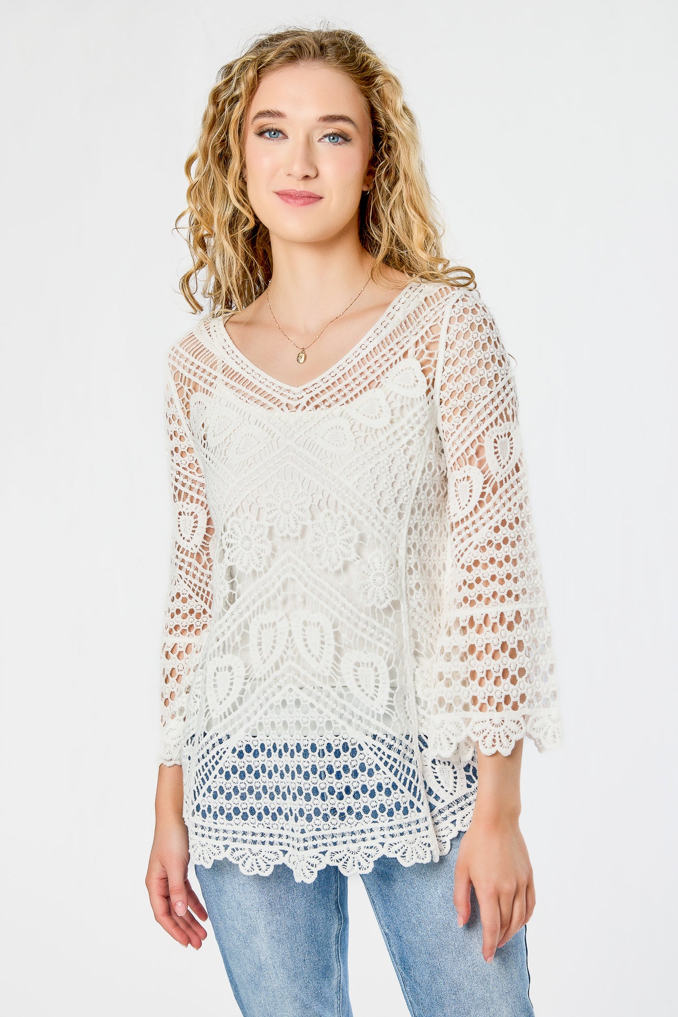 Crochet V-Neck Tunic Length Sweater