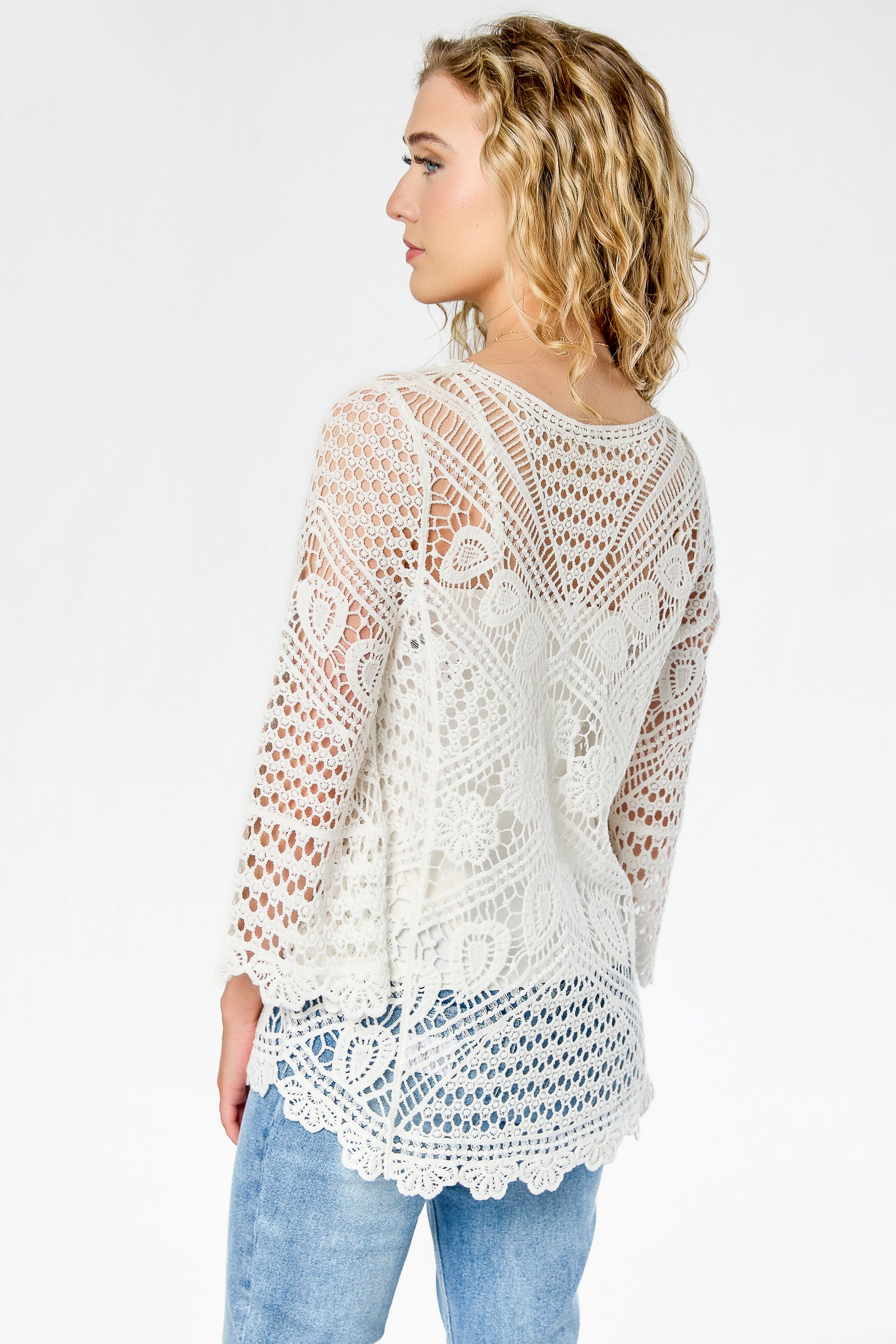Crochet V-Neck Tunic Length Sweater