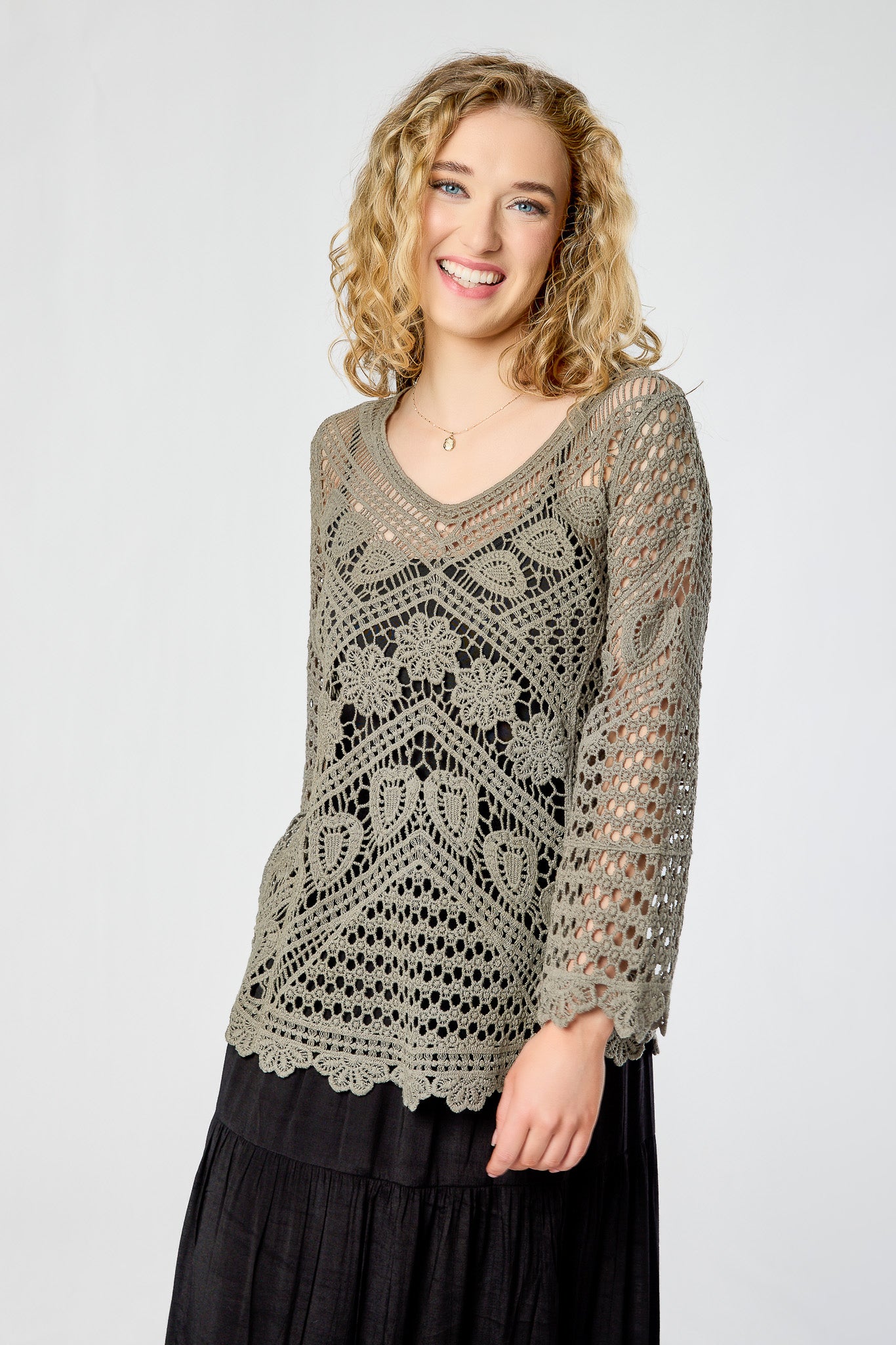 Crochet V-Neck Tunic Length Sweater