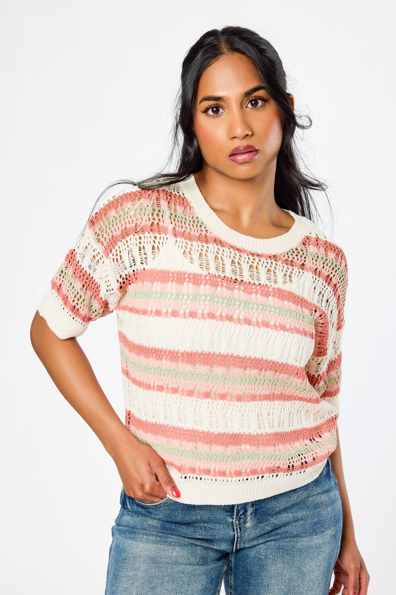 Stripe Open Knit Short Sleeve Sweater