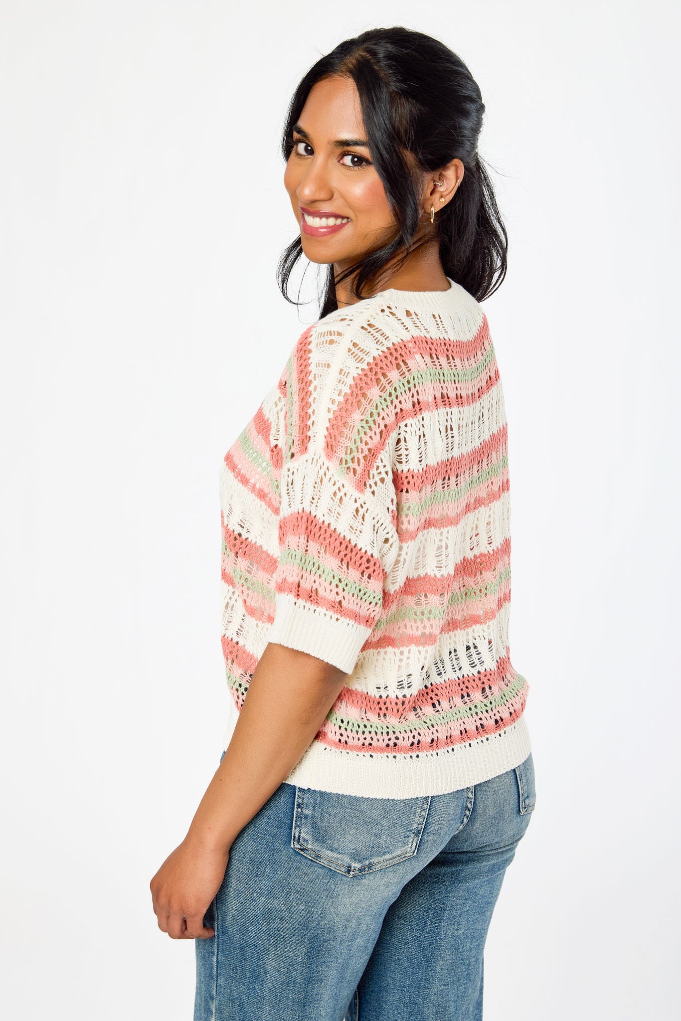 Stripe Open Knit Short Sleeve Sweater