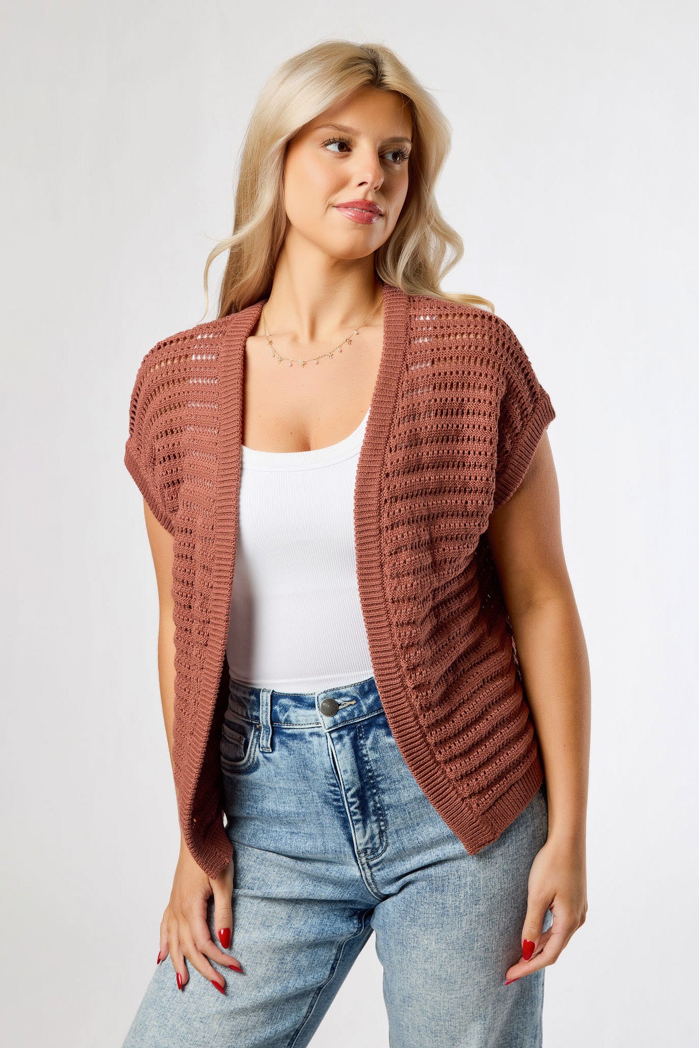 Openwork Cap Sleeve Open Cardigan