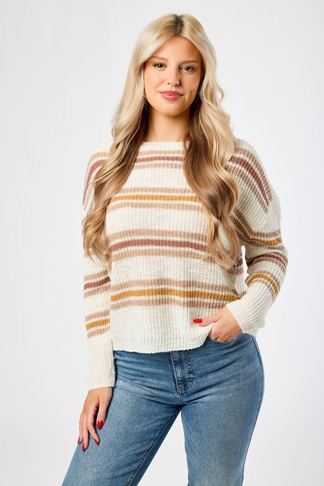 Stripe Lightweight Crew-Neck Dolman Sleeve Sweater