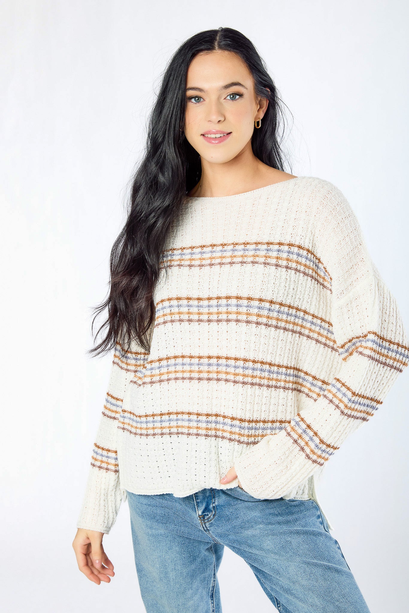 Stripe Wide-Neck Long-Sleeve Sweater with Side Slits