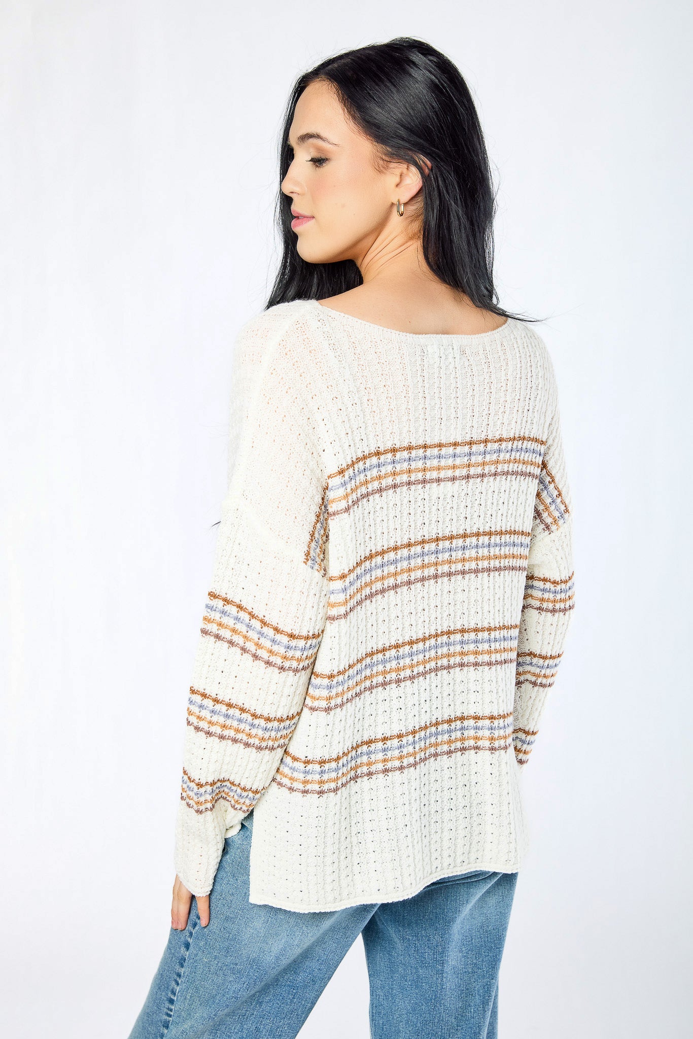 Stripe Wide-Neck Long-Sleeve Sweater with Side Slits