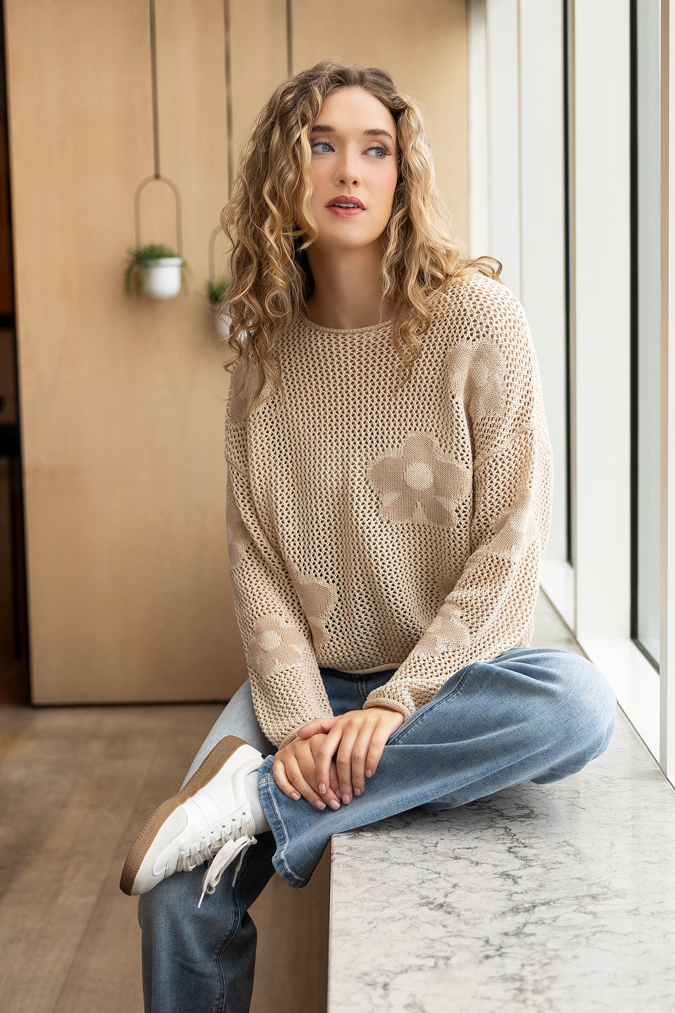 Openwork Sweater with Floral Jacquard