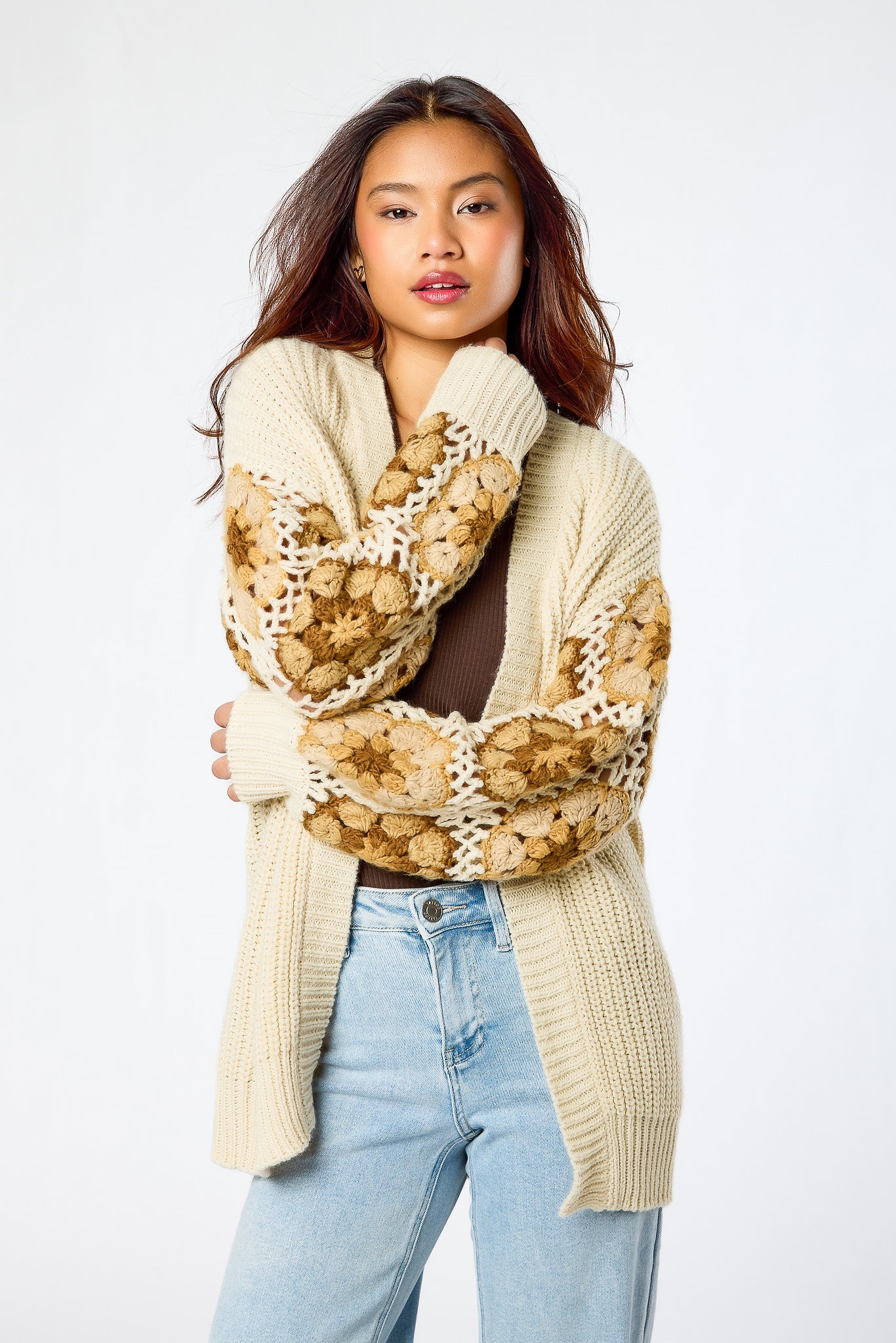 Shaker Knit Open Cardigan with Granny Square Sleeves