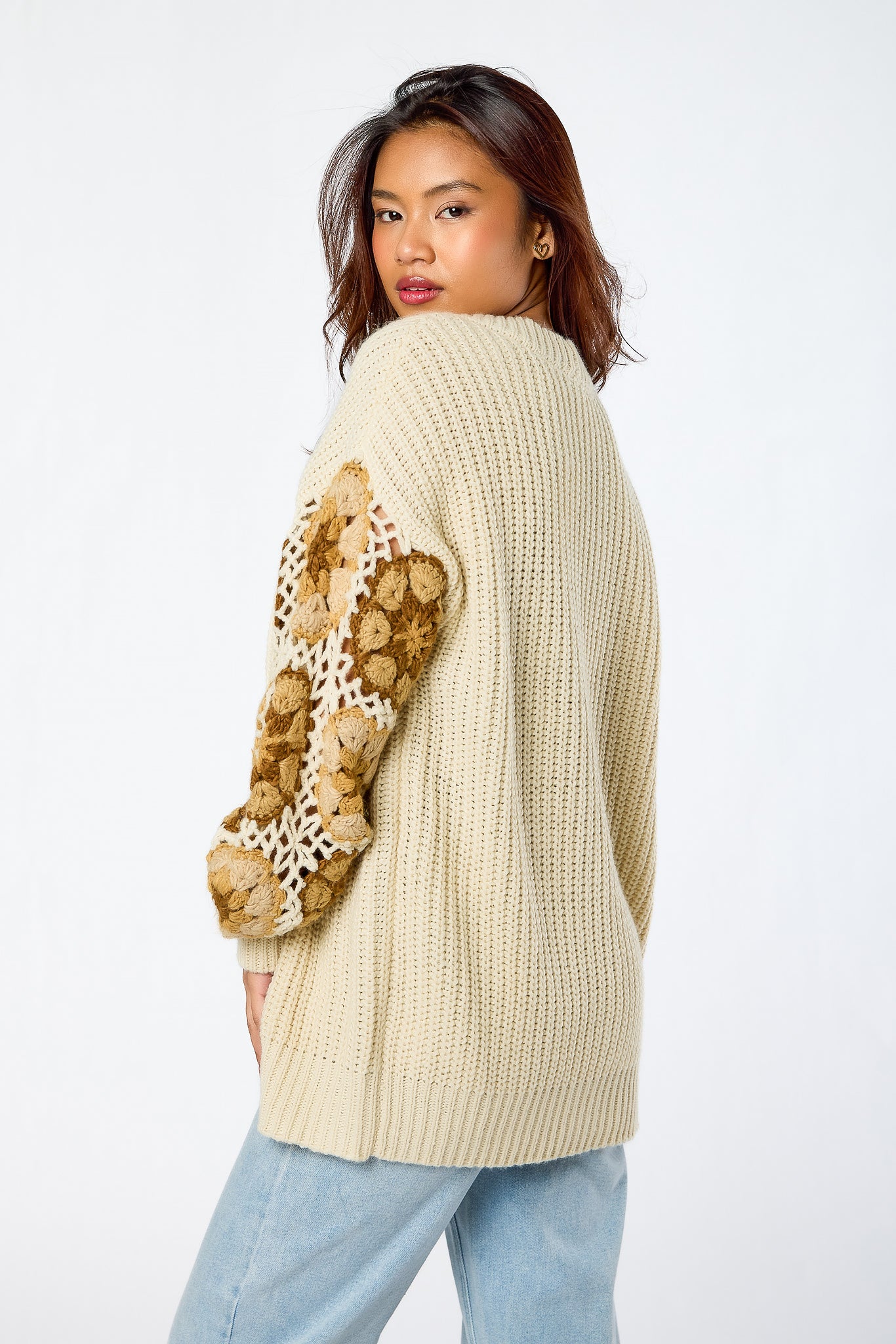 Shaker Knit Open Cardigan with Granny Square Sleeves