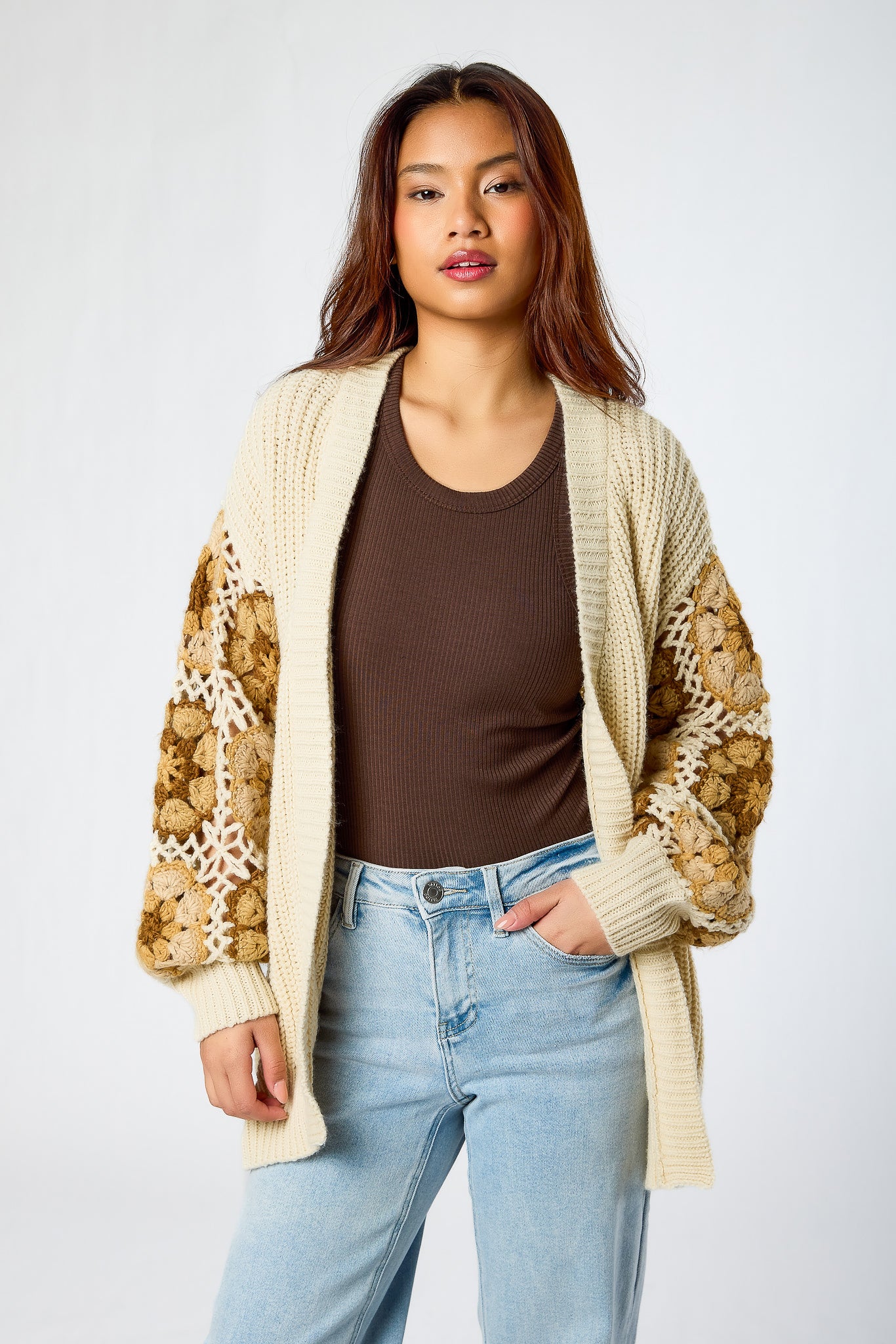 Shaker Knit Open Cardigan with Granny Square Sleeves