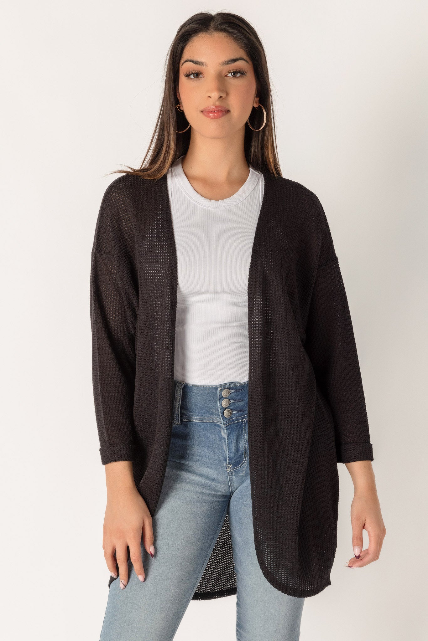 Waffle Knit 3/4 Sleeve Cardigan