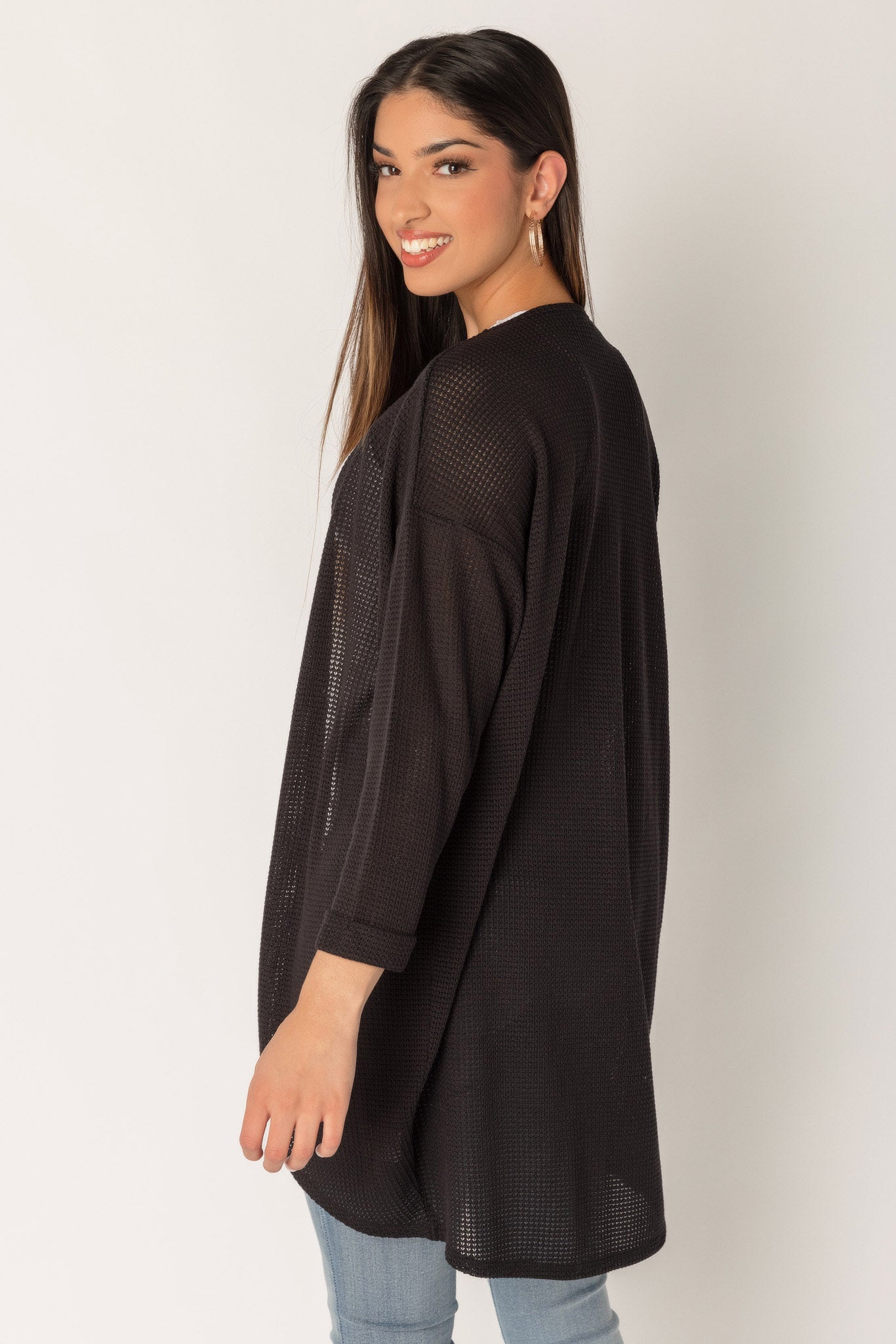 Waffle Knit 3/4 Sleeve Cardigan