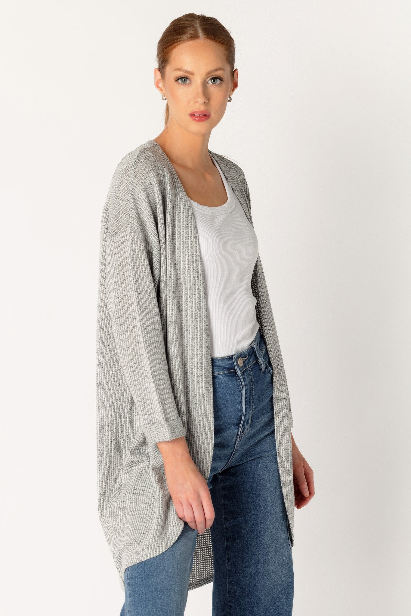 Waffle Knit 3/4 Sleeve Cardigan