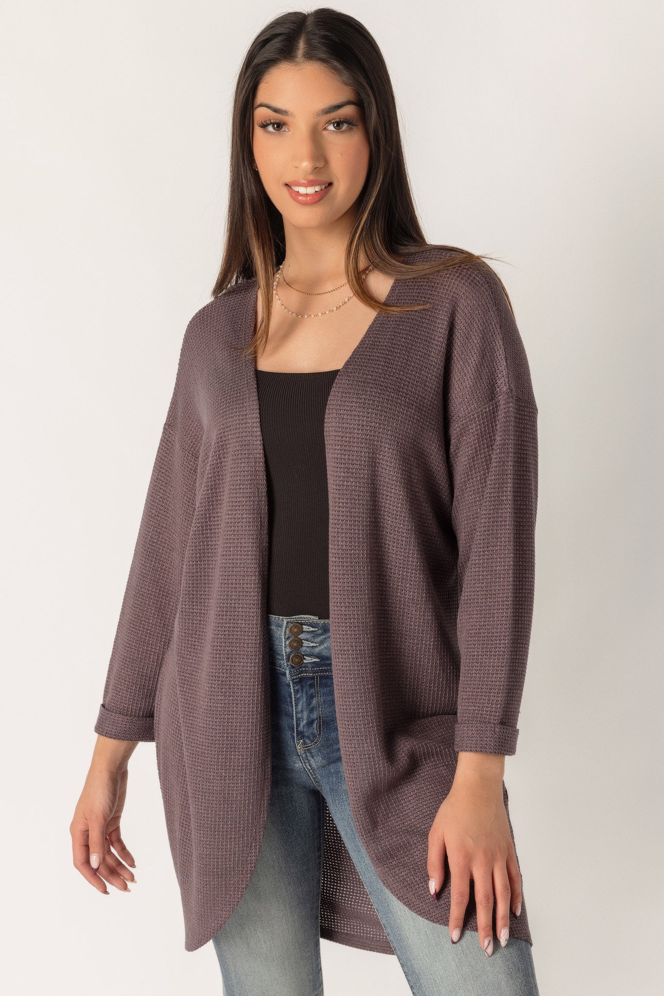 Waffle Knit 3/4 Sleeve Cardigan