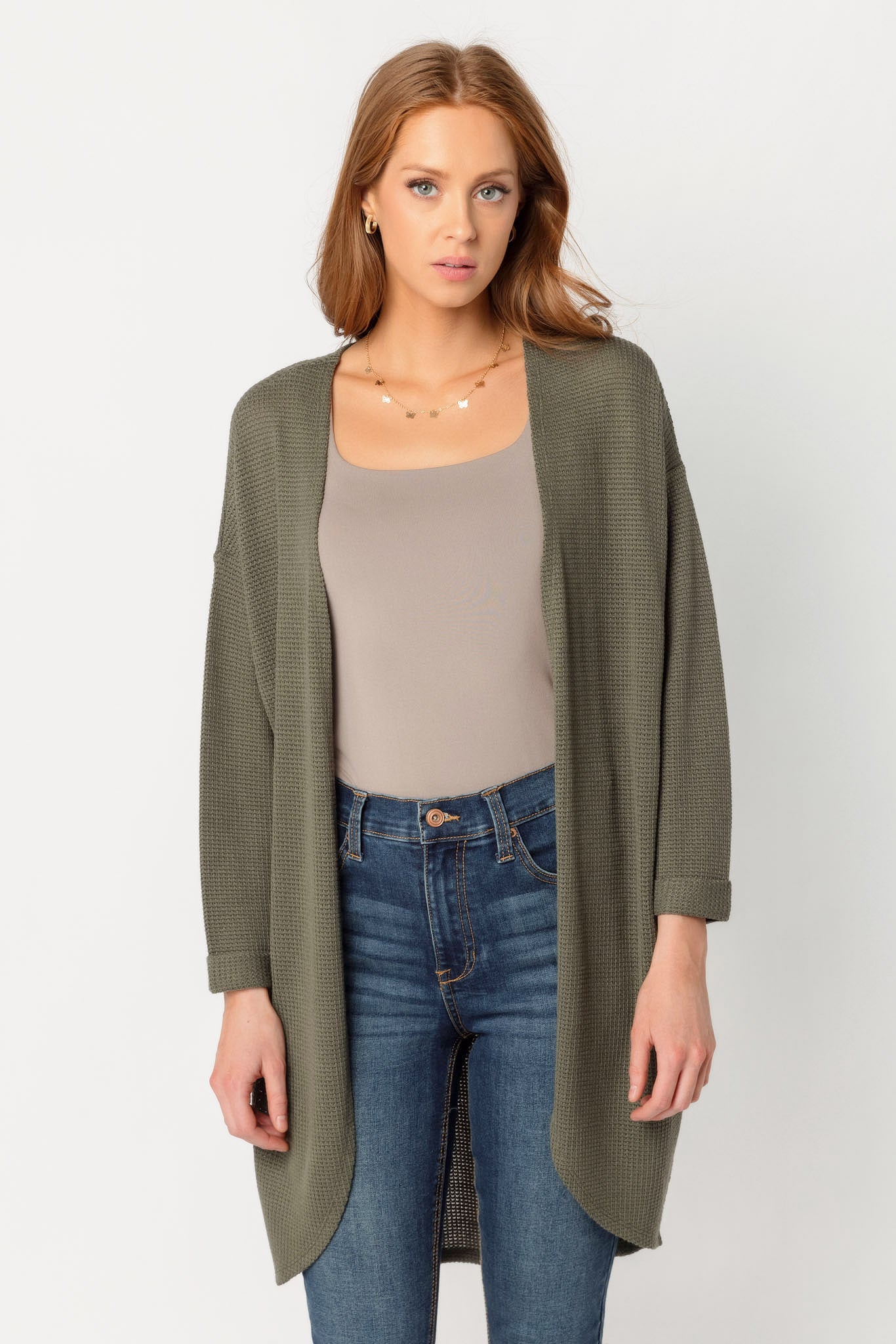 Waffle Knit 3/4 Sleeve Cardigan