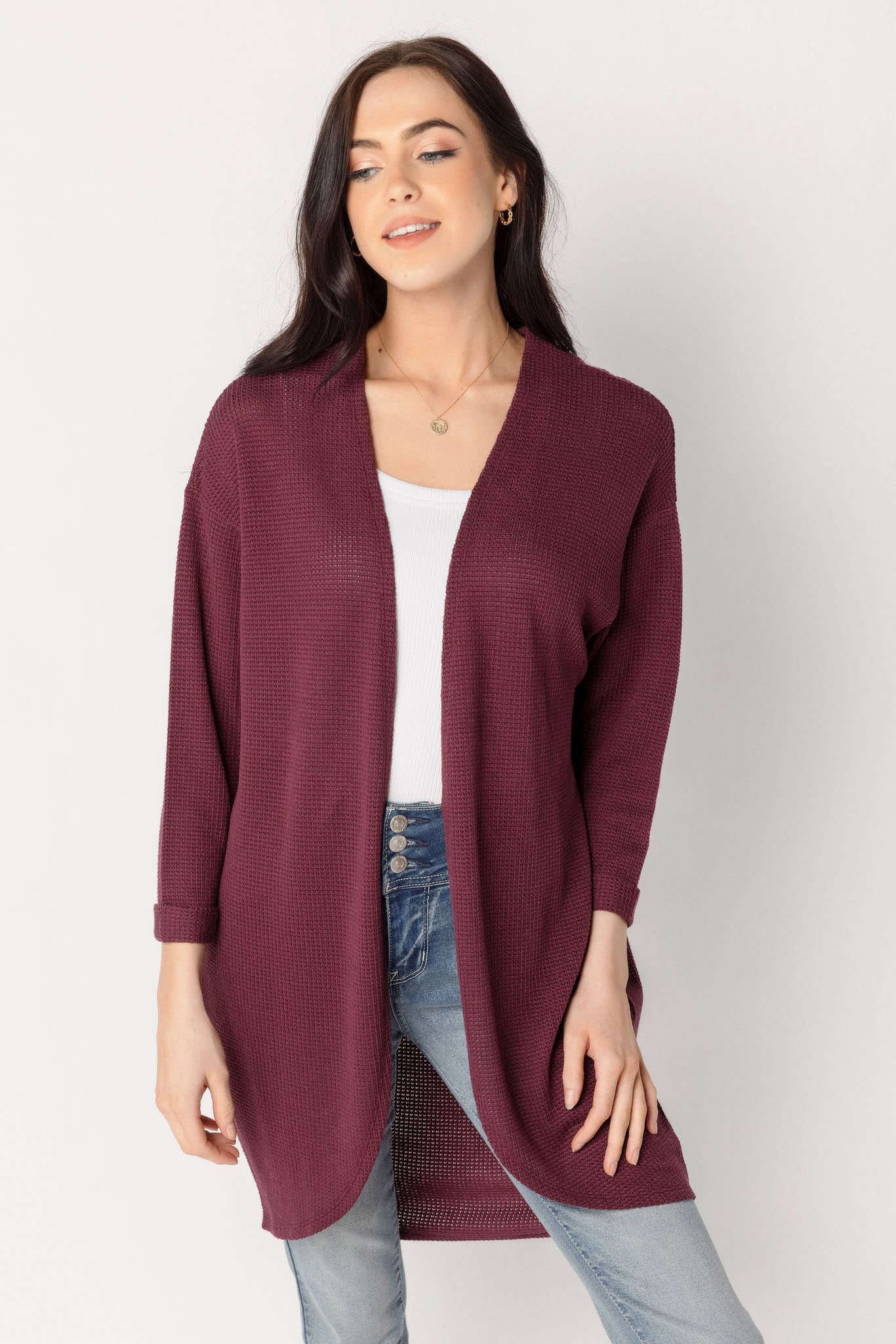Waffle Knit 3/4 Sleeve Cardigan