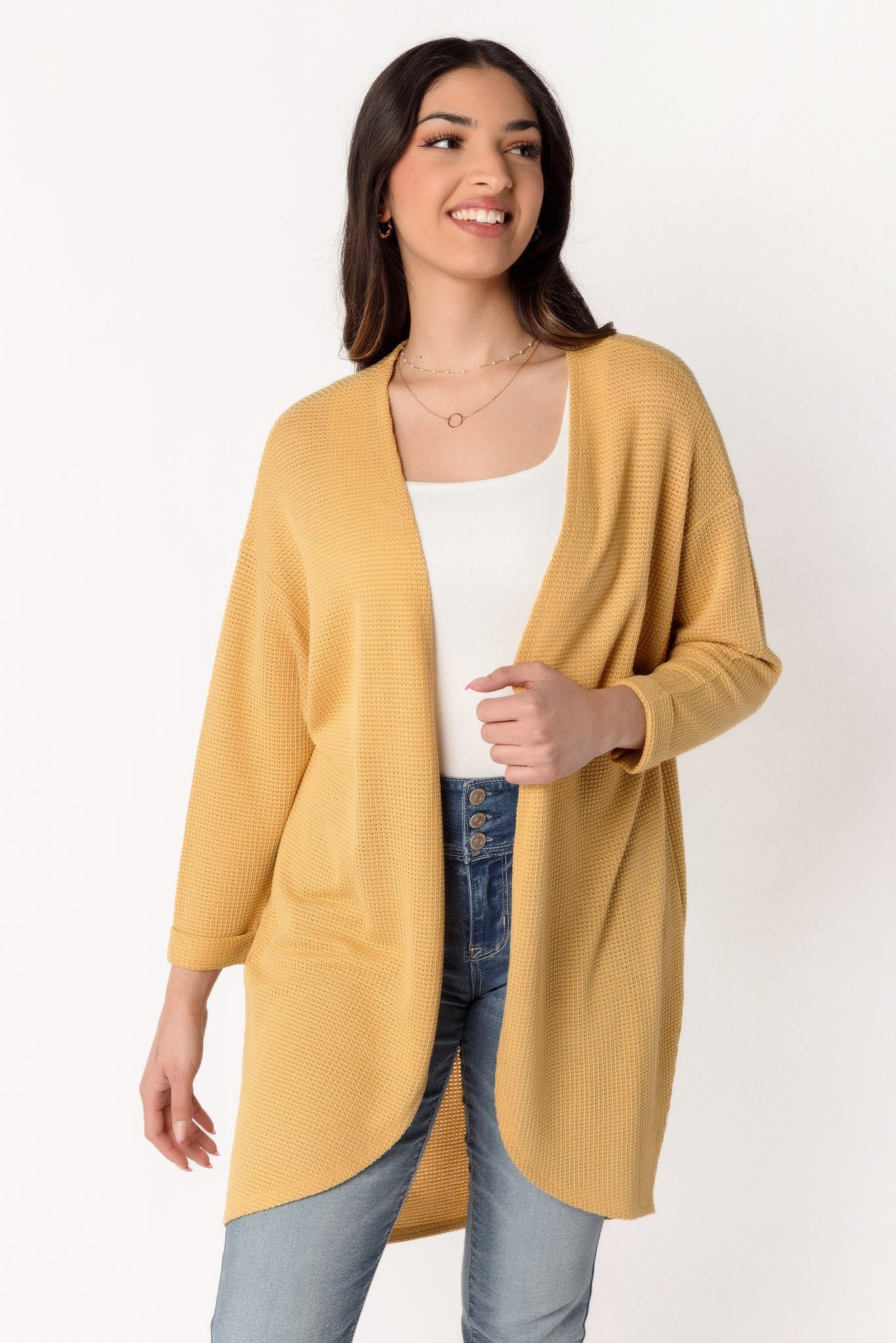 Waffle Knit 3/4 Sleeve Cardigan