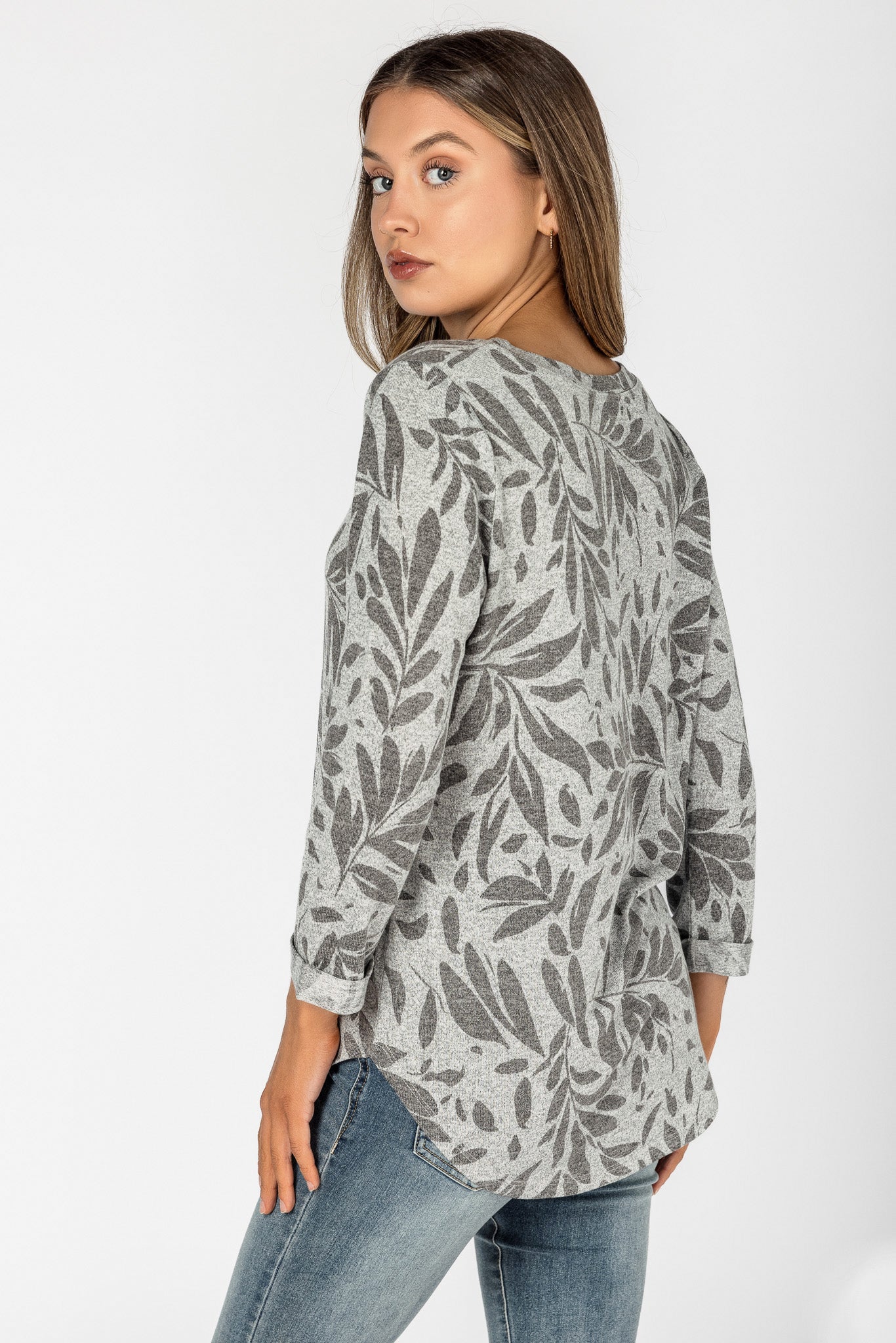 Melange Abstract Hacci Sweater with 3/4 Sleeves