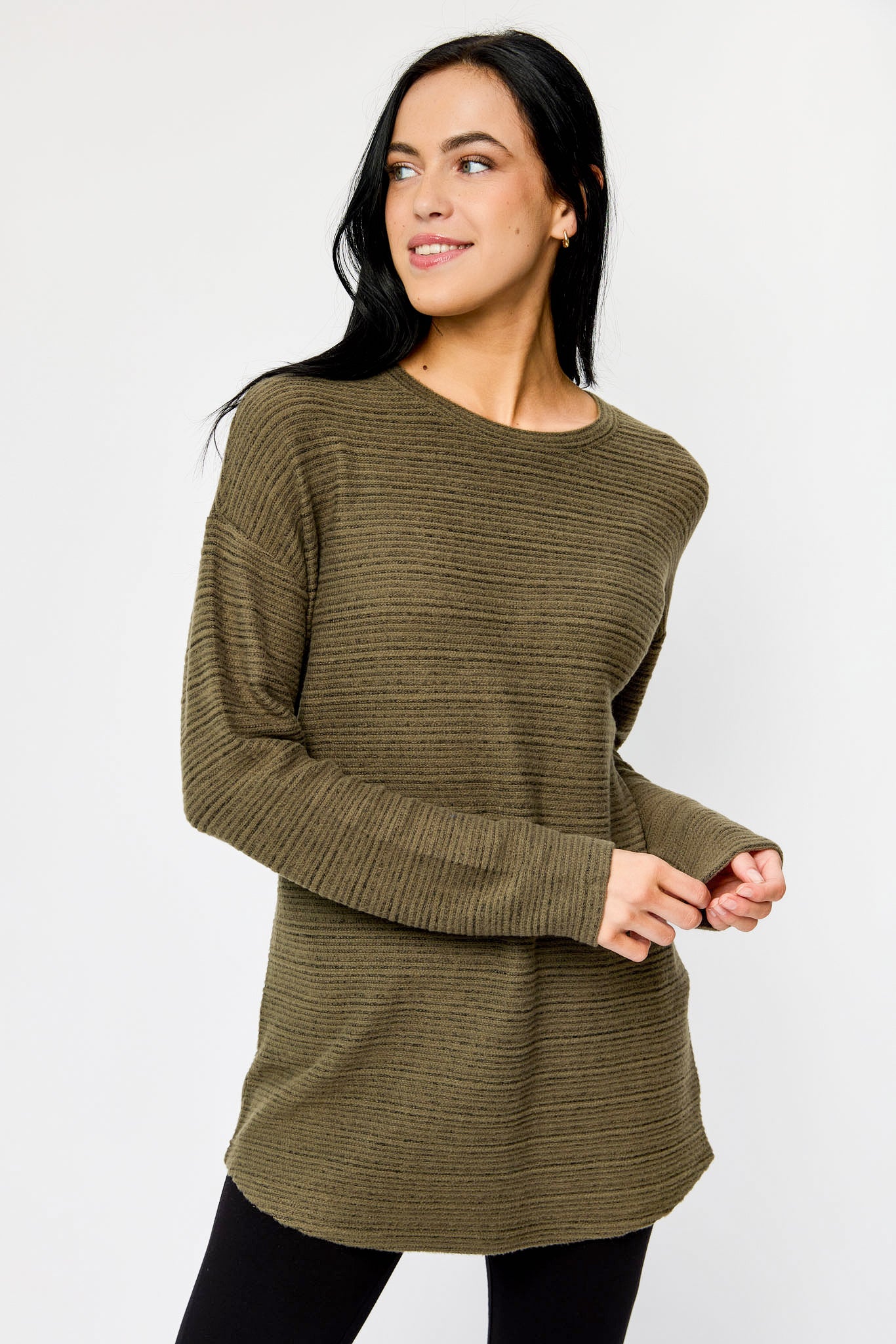 Brushed Stripe Crew-Neck Sweater with High-Low Hem