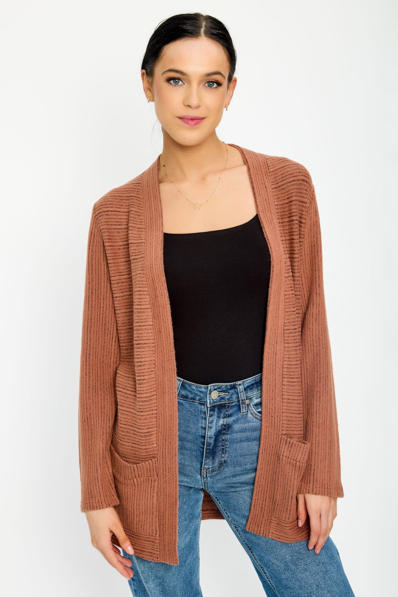 Brushed Stripe Long-Sleeve Open Cardigan