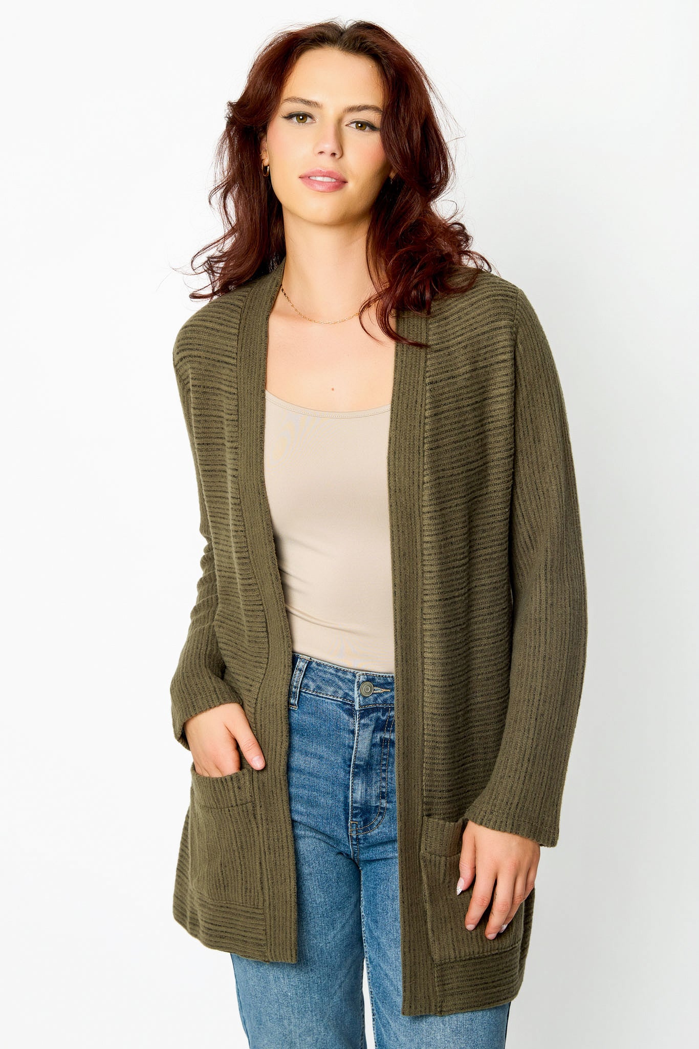 Brushed Stripe Long-Sleeve Open Cardigan