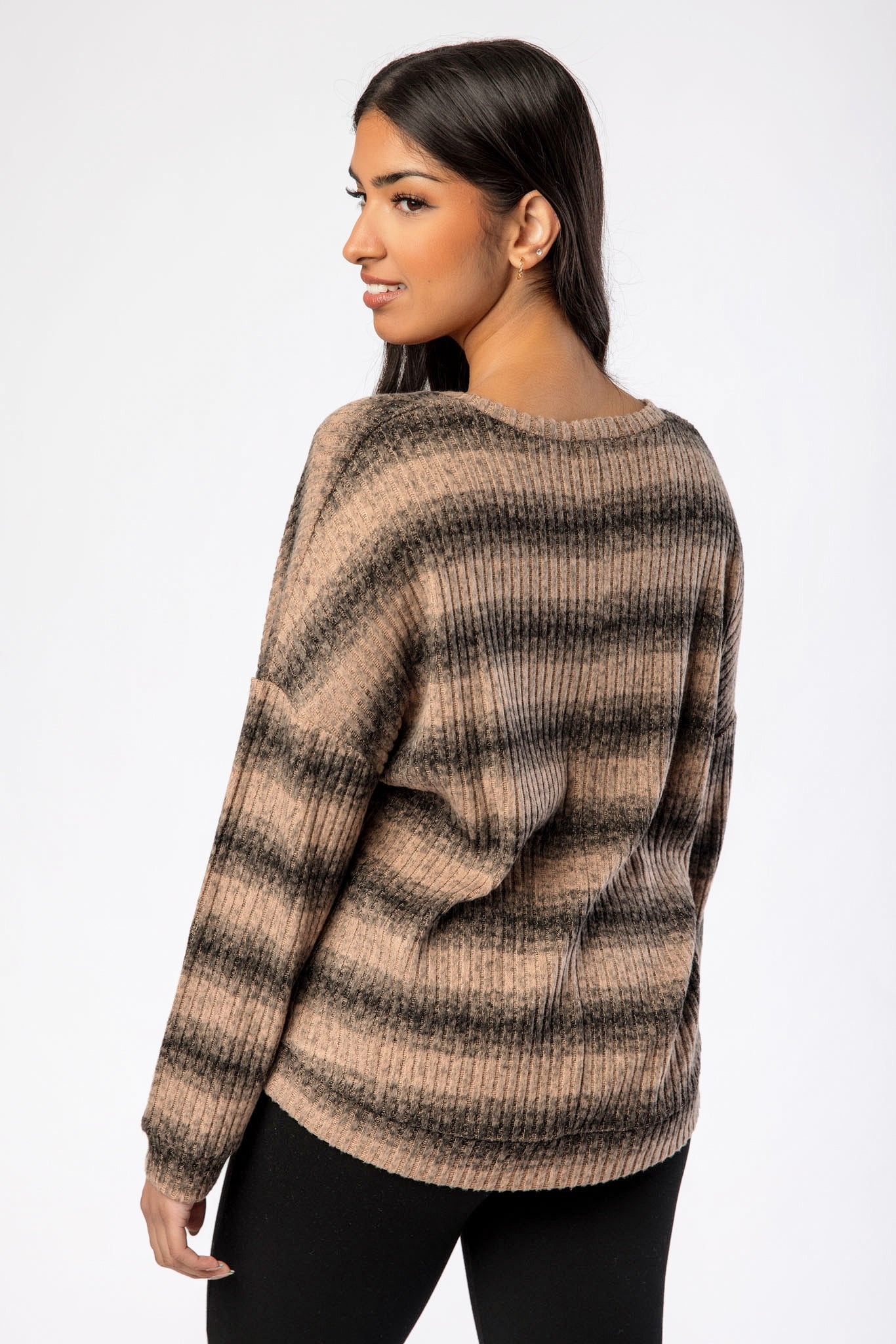 Brushed Stripe Crew-Neck Balloon-Sleeve Ribbed Sweater