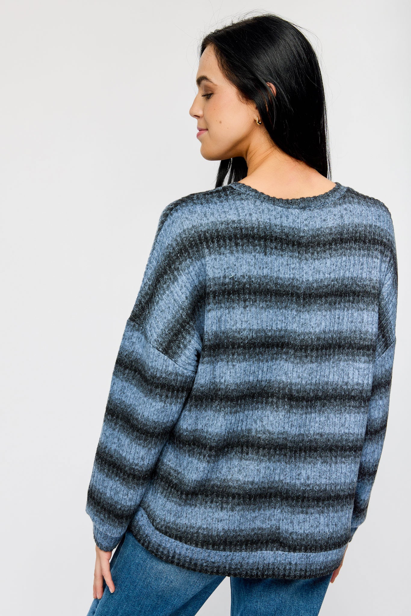 Brushed Stripe Crew-Neck Balloon-Sleeve Ribbed Sweater
