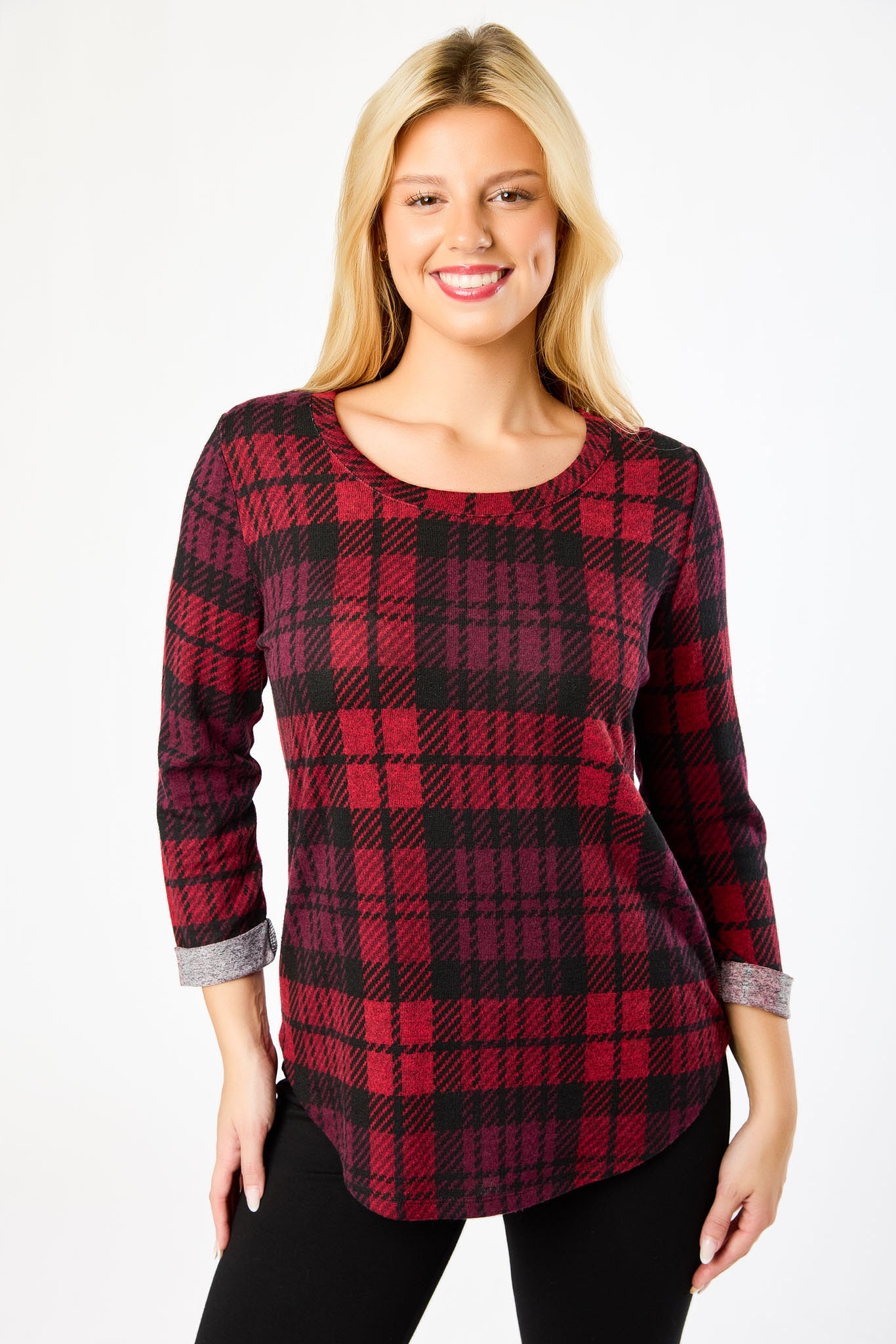 Red Combo Plaid Scoop-Neck 3/4 Sleeve Sweater with Shirttail Hem