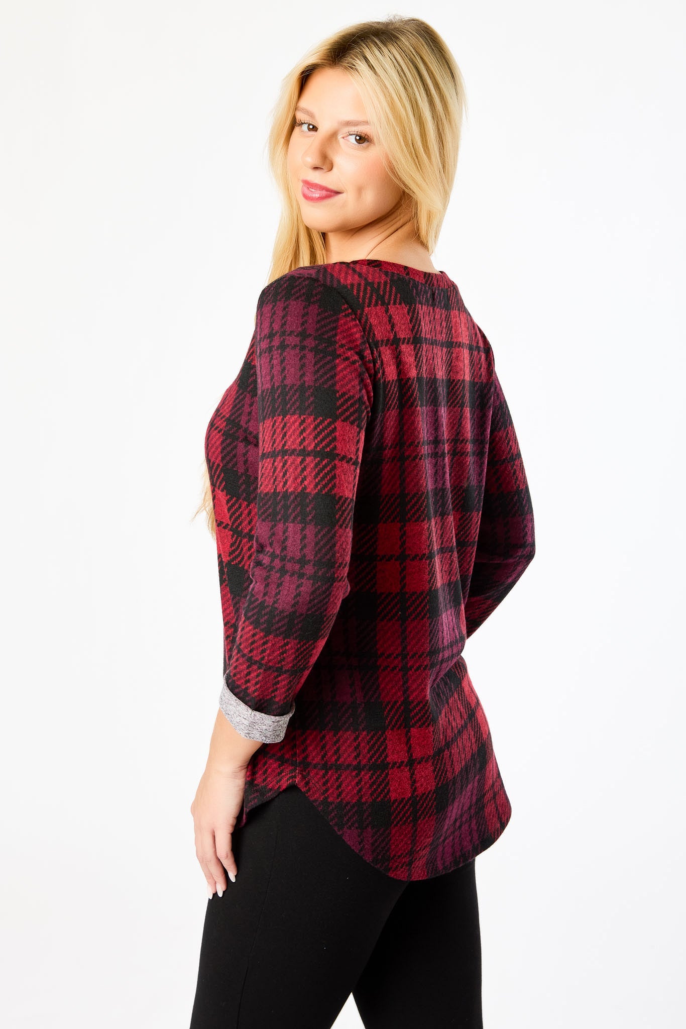 Red Combo Plaid Scoop-Neck 3/4 Sleeve Sweater with Shirttail Hem
